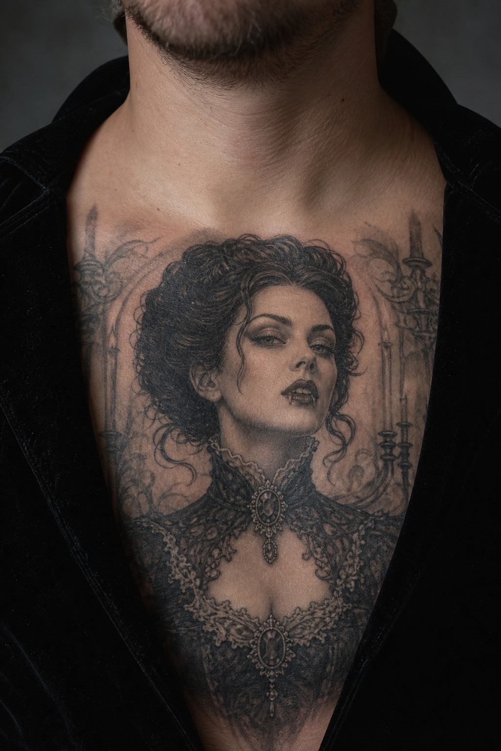 Victorian vampiric countess chest tattoo