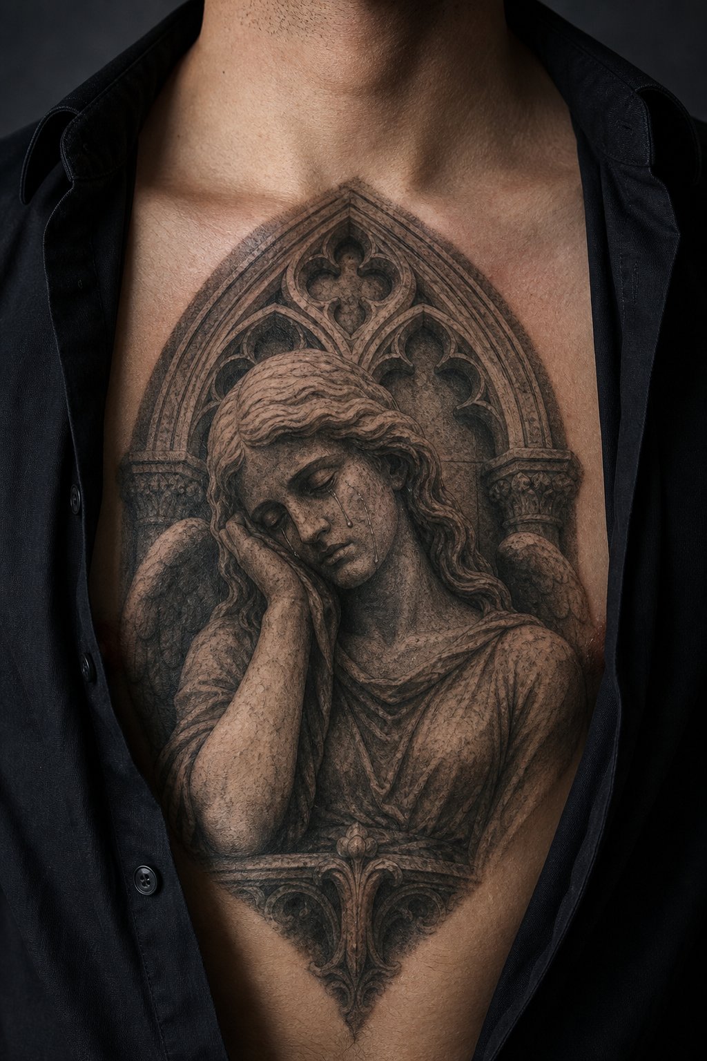 Weeping marble cathedral statue chest tattoo