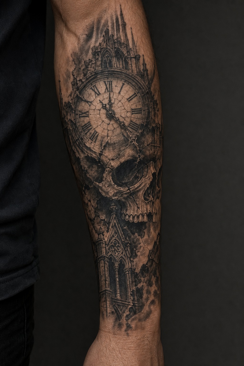 Anatomical skull and cathedral clock sleeve tattoo for men