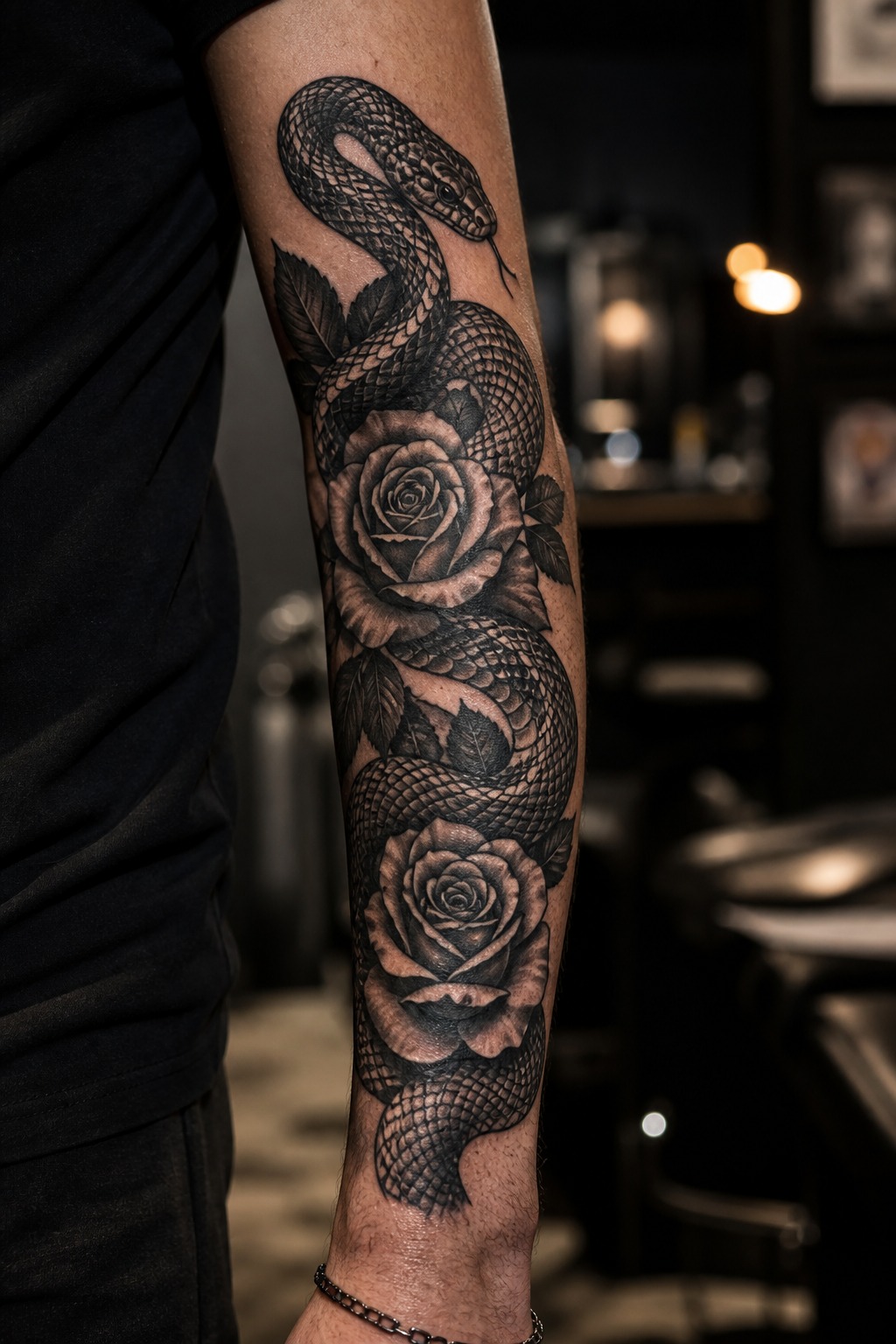 Blackwork serpent and rose outer forearm tattoo