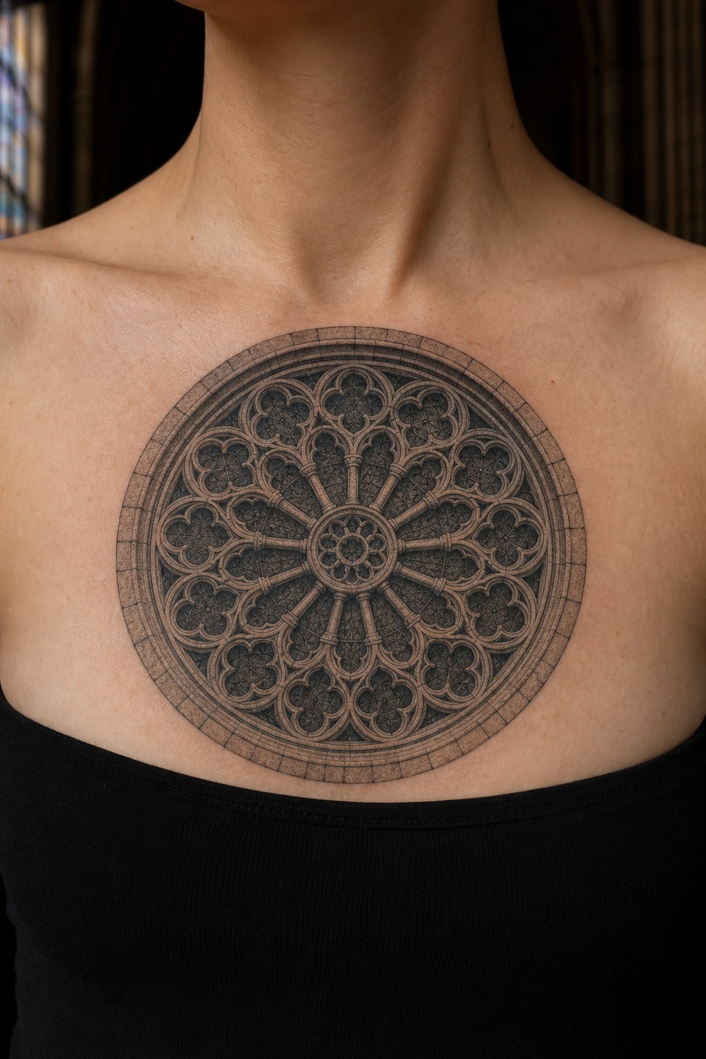 Circular cathedral rose window chest tattoo