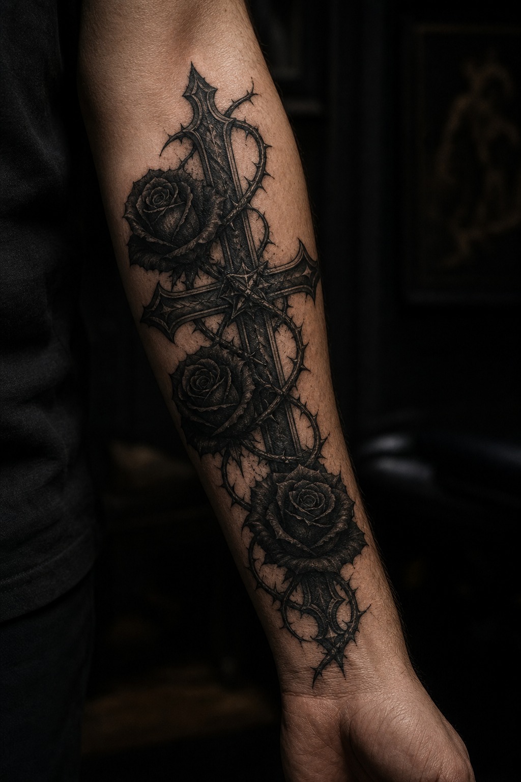 Dark gothic cross with black roses tattoo