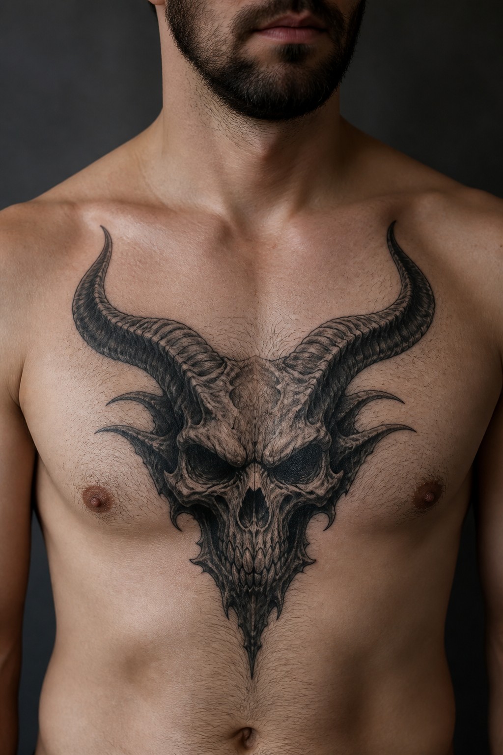 Horned demon skull chest centerpiece tattoo