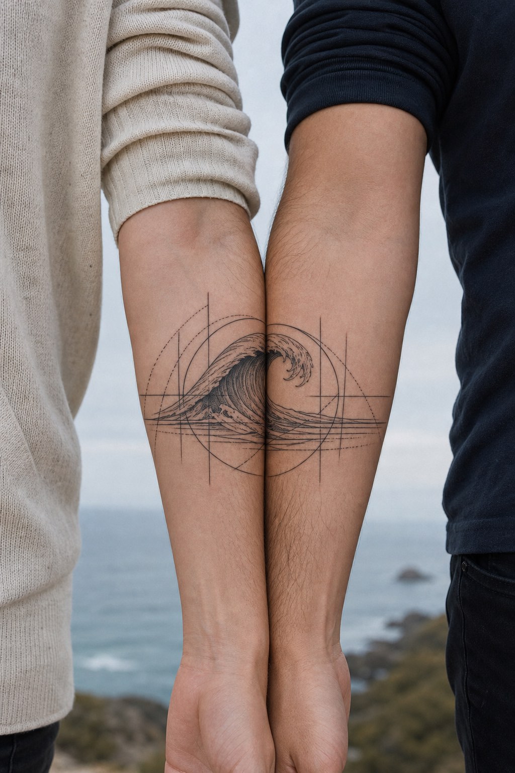 Interlocking geometric forearm wave half and half couple tattoos