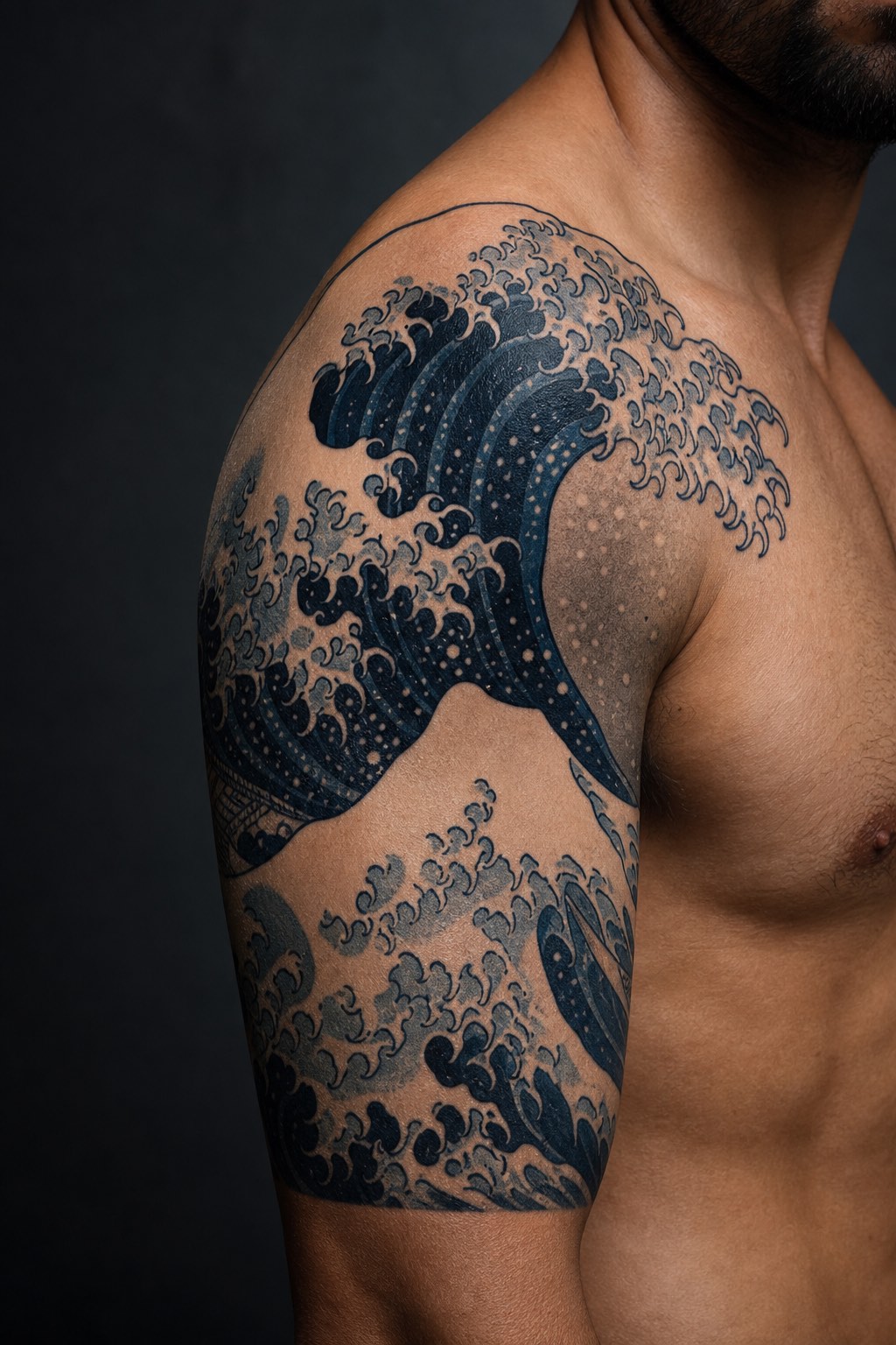 Japanese wave shoulder wrap tattoo for men