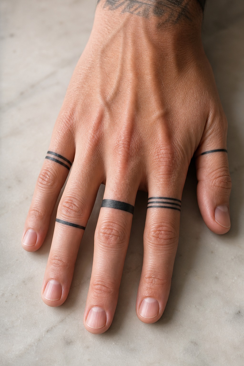 Minimalist geometric finger band tattoos