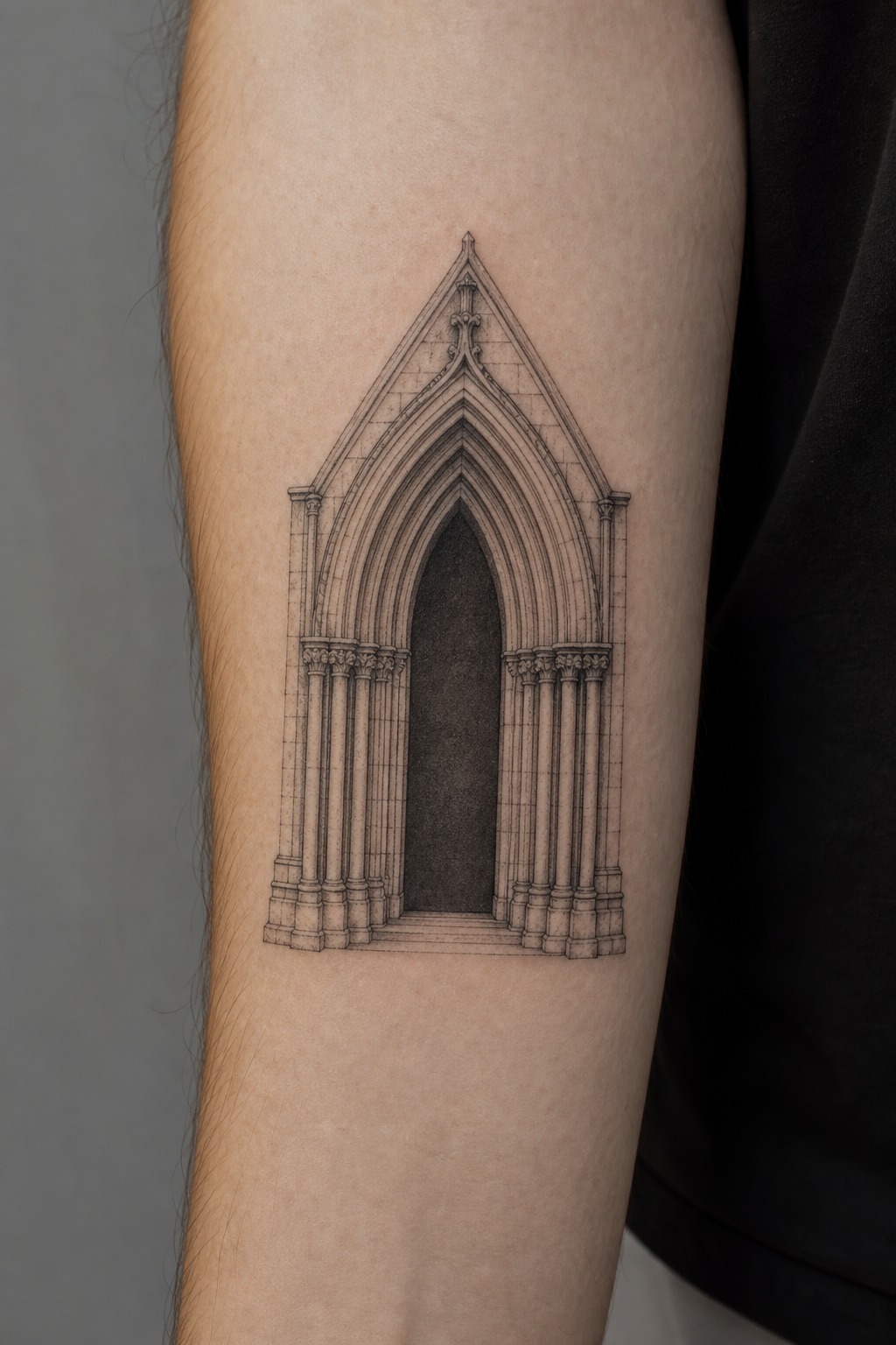 Pointed gothic arch doorway forearm tattoo