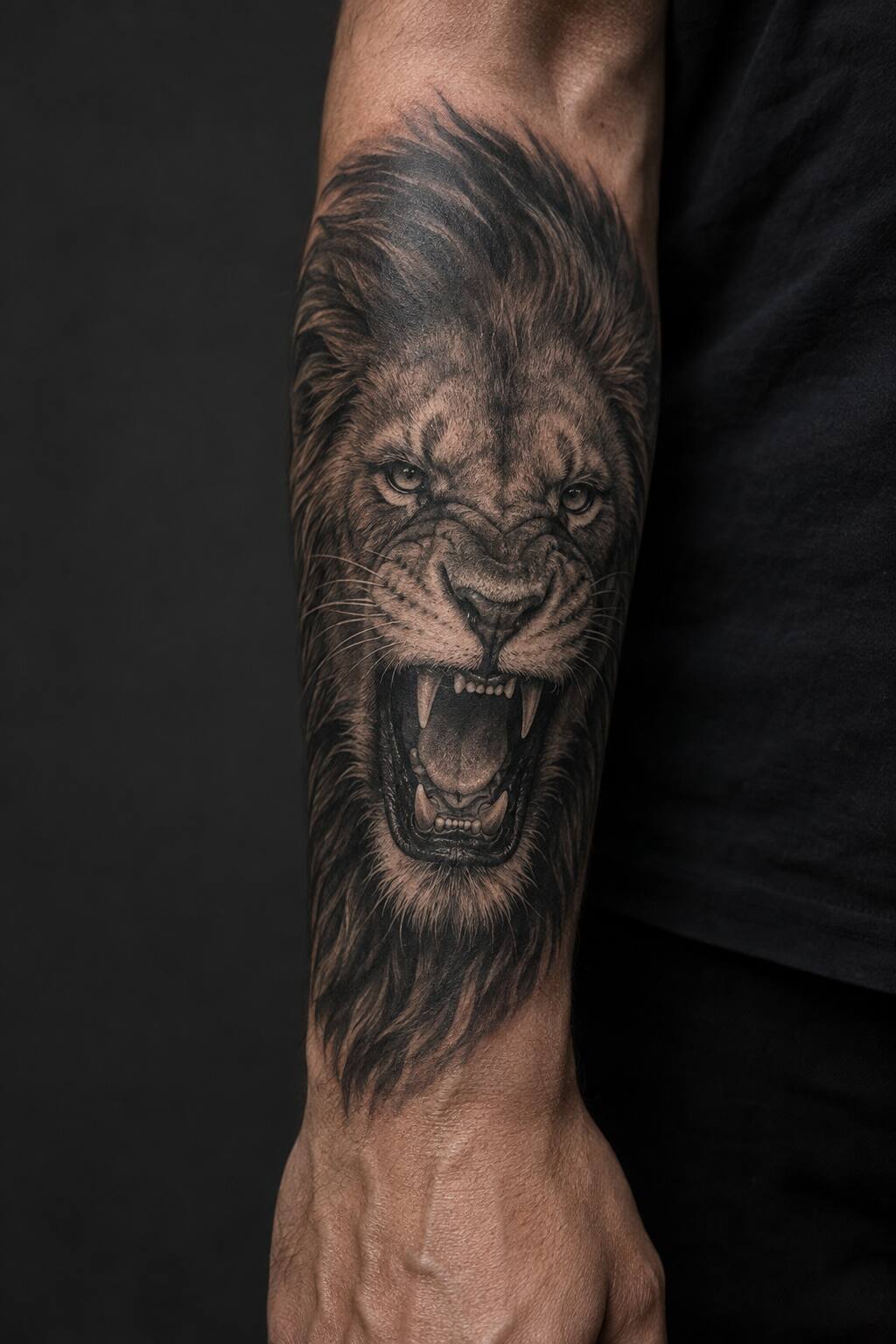Roaring lion outer forearm tattoo for men