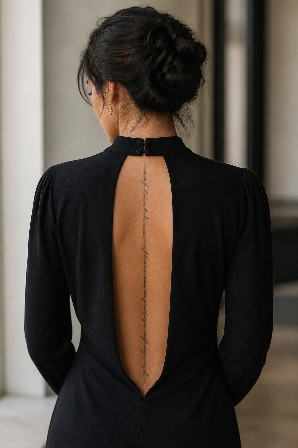 Vertical script spine line quote tattoo for women