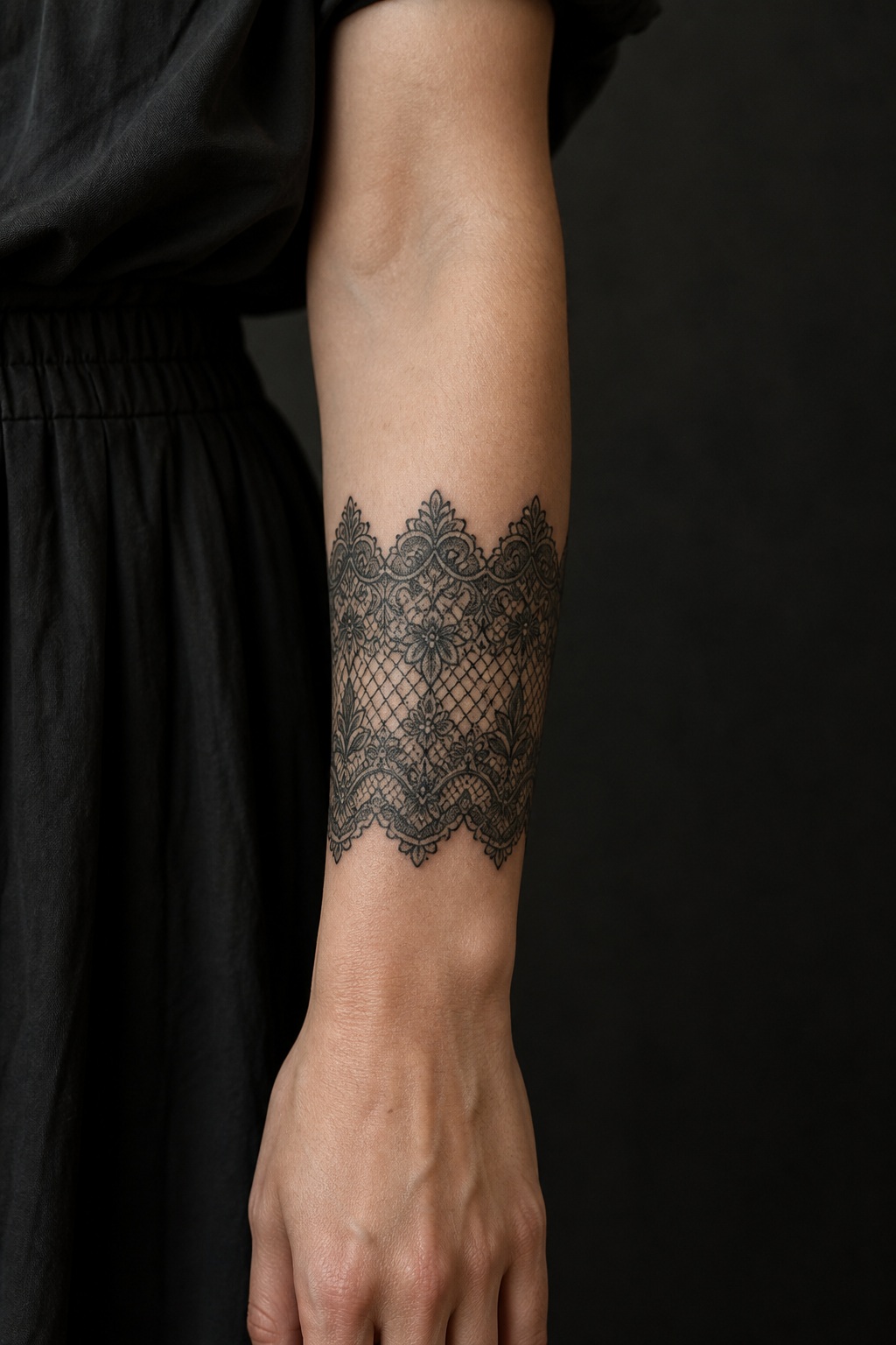 Intricate Victorian lace forearm cuff tattoo