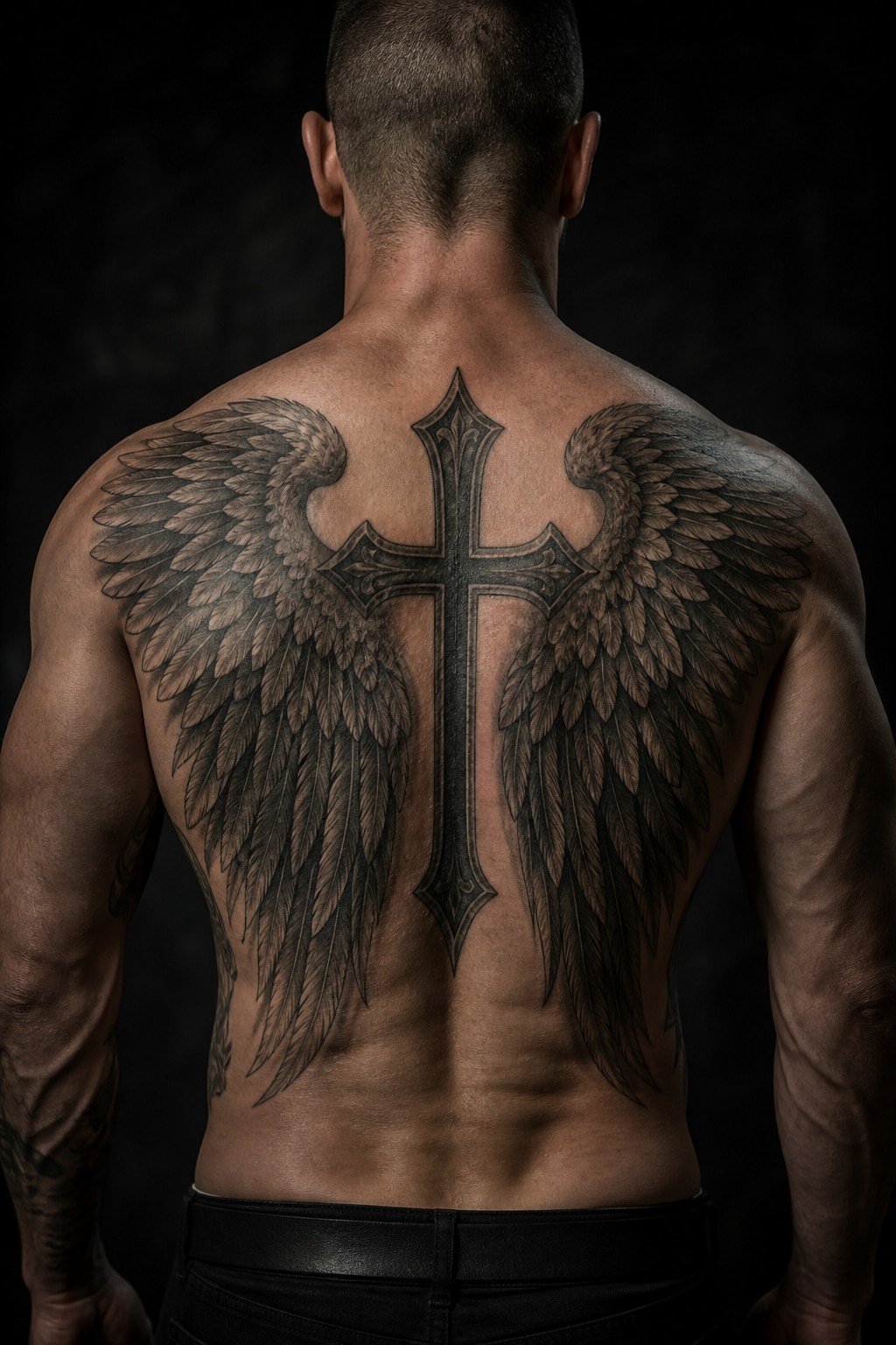Archangel wings gothic cross back tattoo