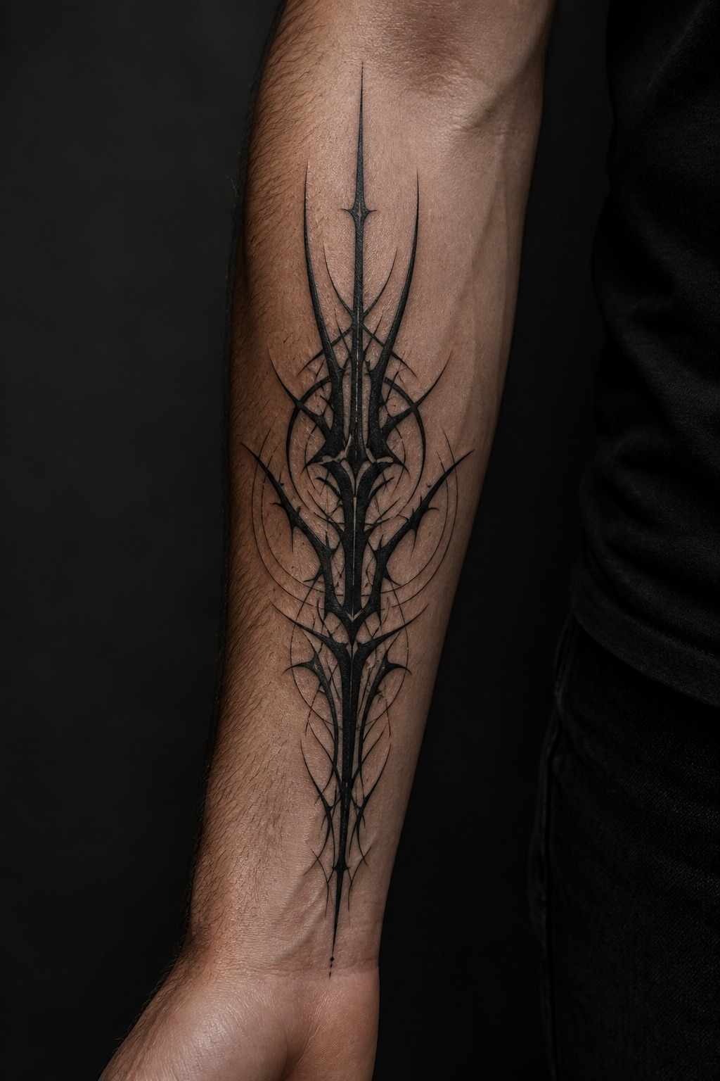 Blackwork cyber sigilism outer forearm tattoo for men