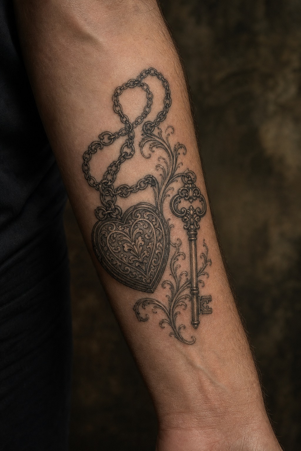 Filigree heart locket and skeleton key tattoo