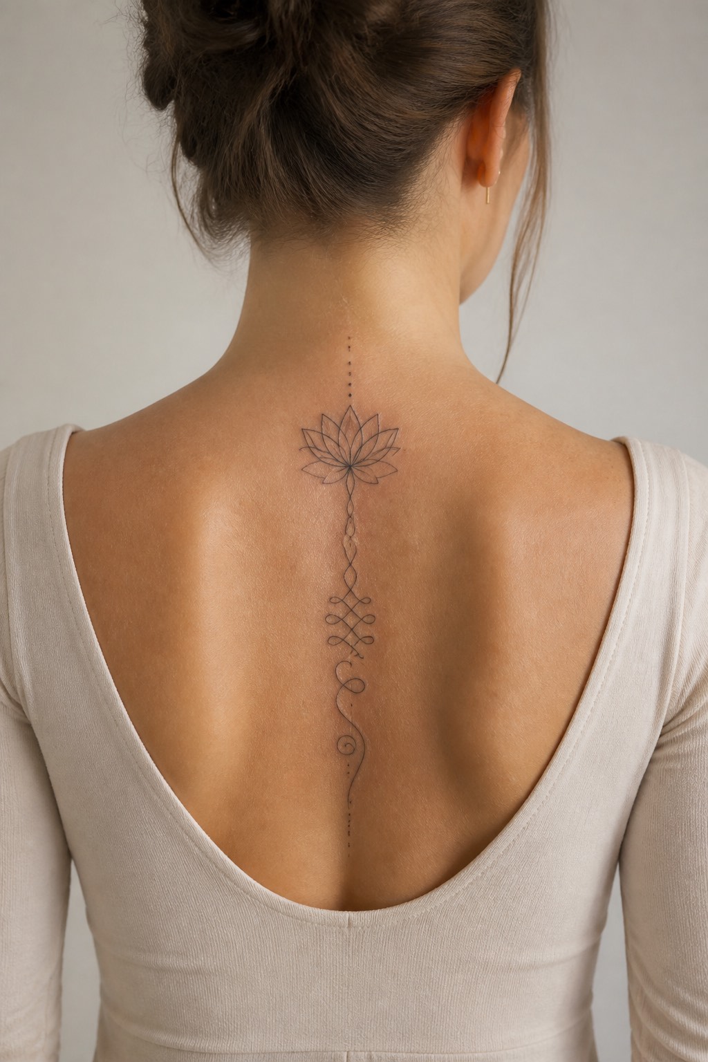 Fine line botanical spine lotus tattoo for women