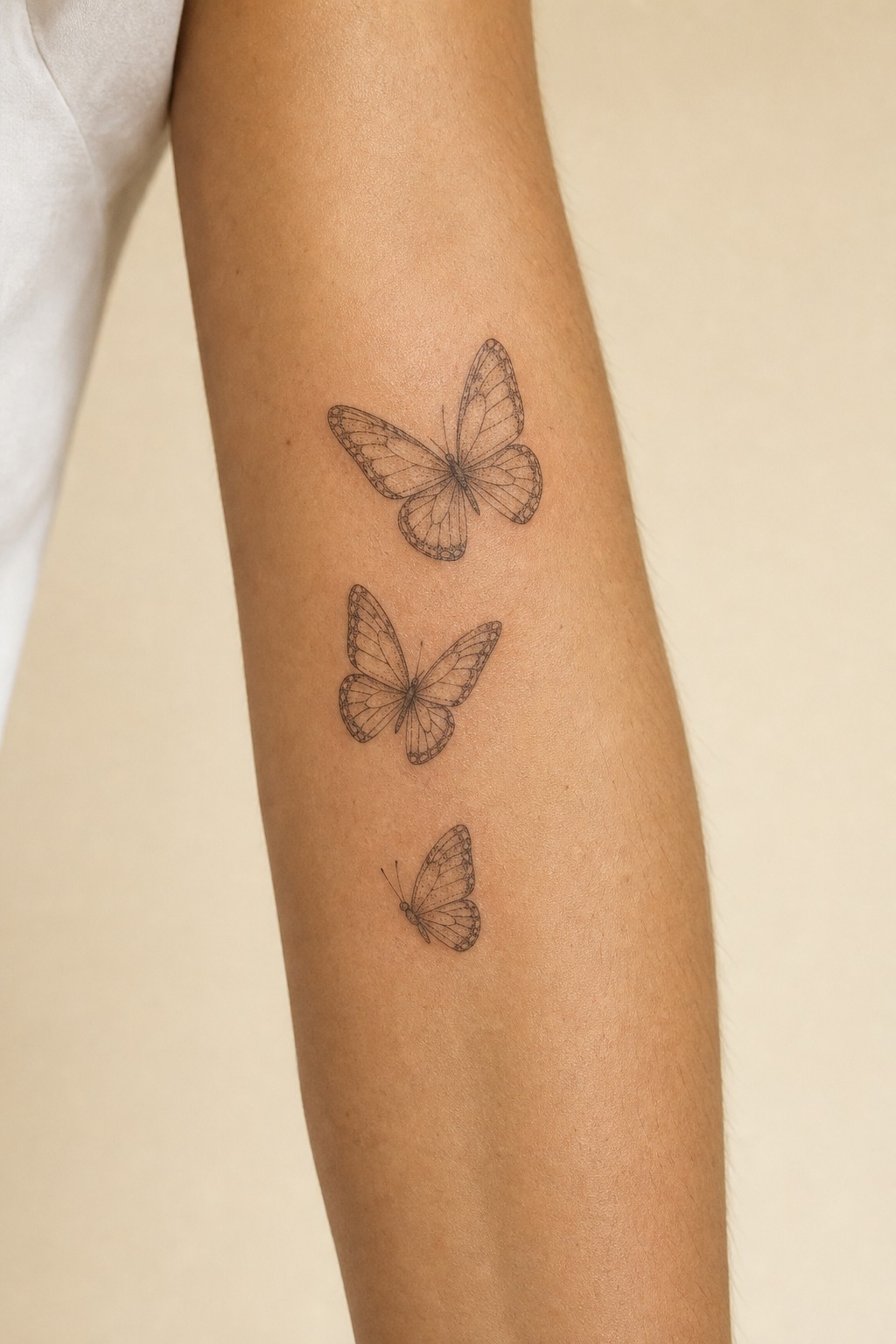 Fine line butterfly metamorphosis outer forearm tattoo