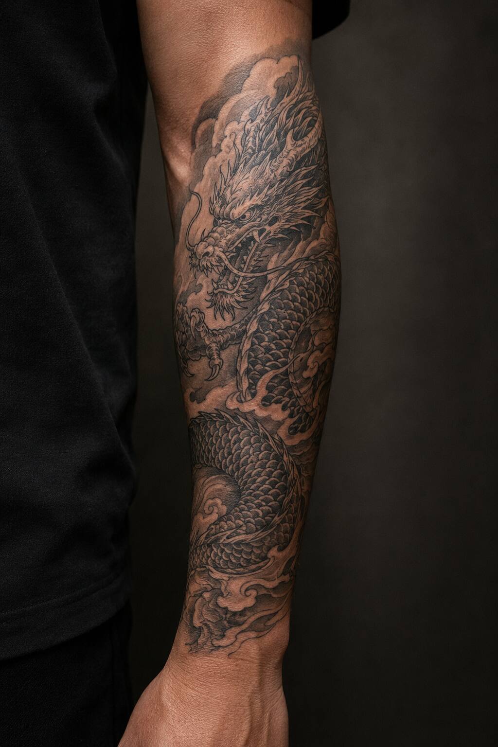 Japanese Ryu dragon outer arm forearm tattoo for men