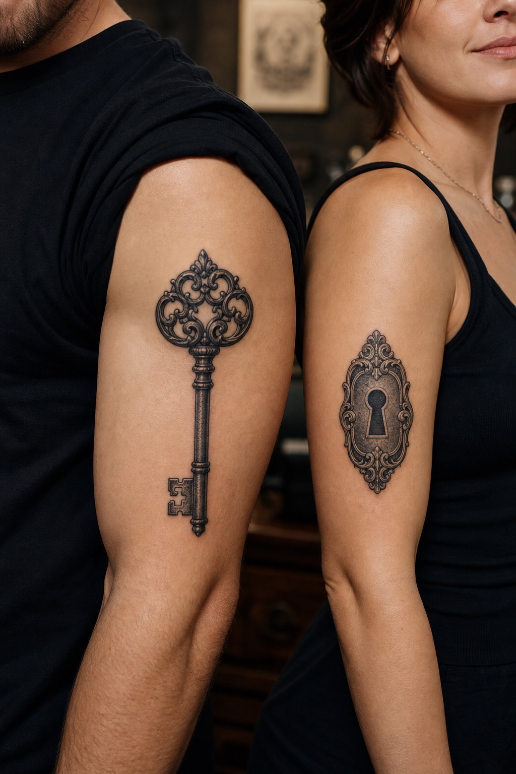 Lock and key bicep matching couple tattoos