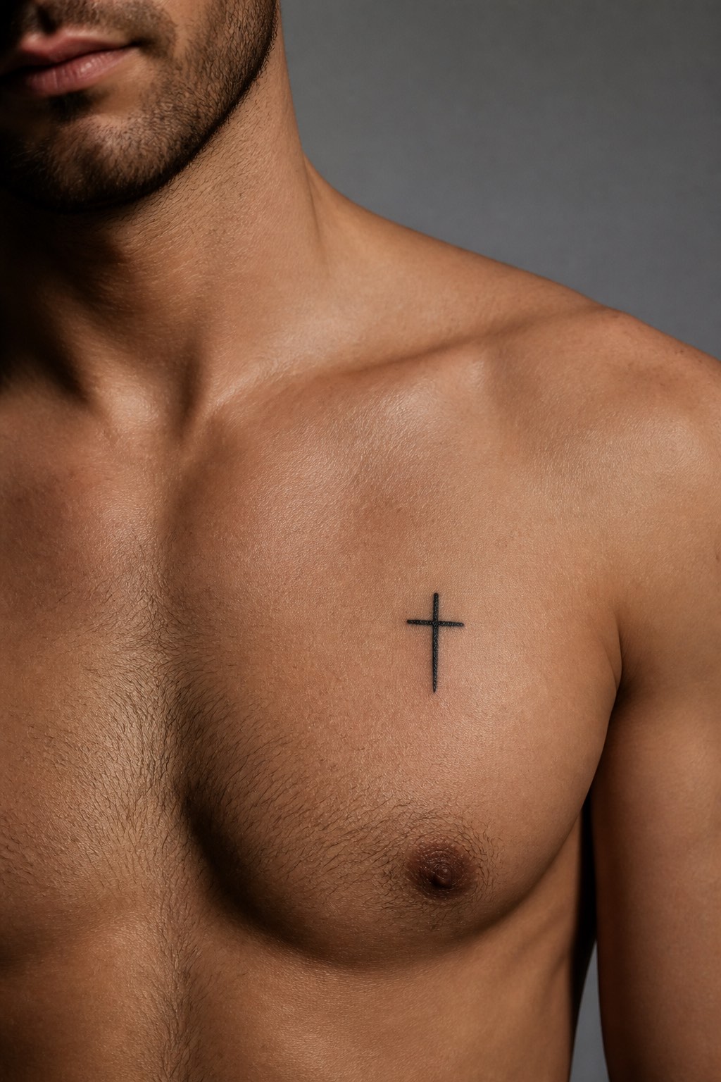 Minimalist cross chest tattoo accent for guys
