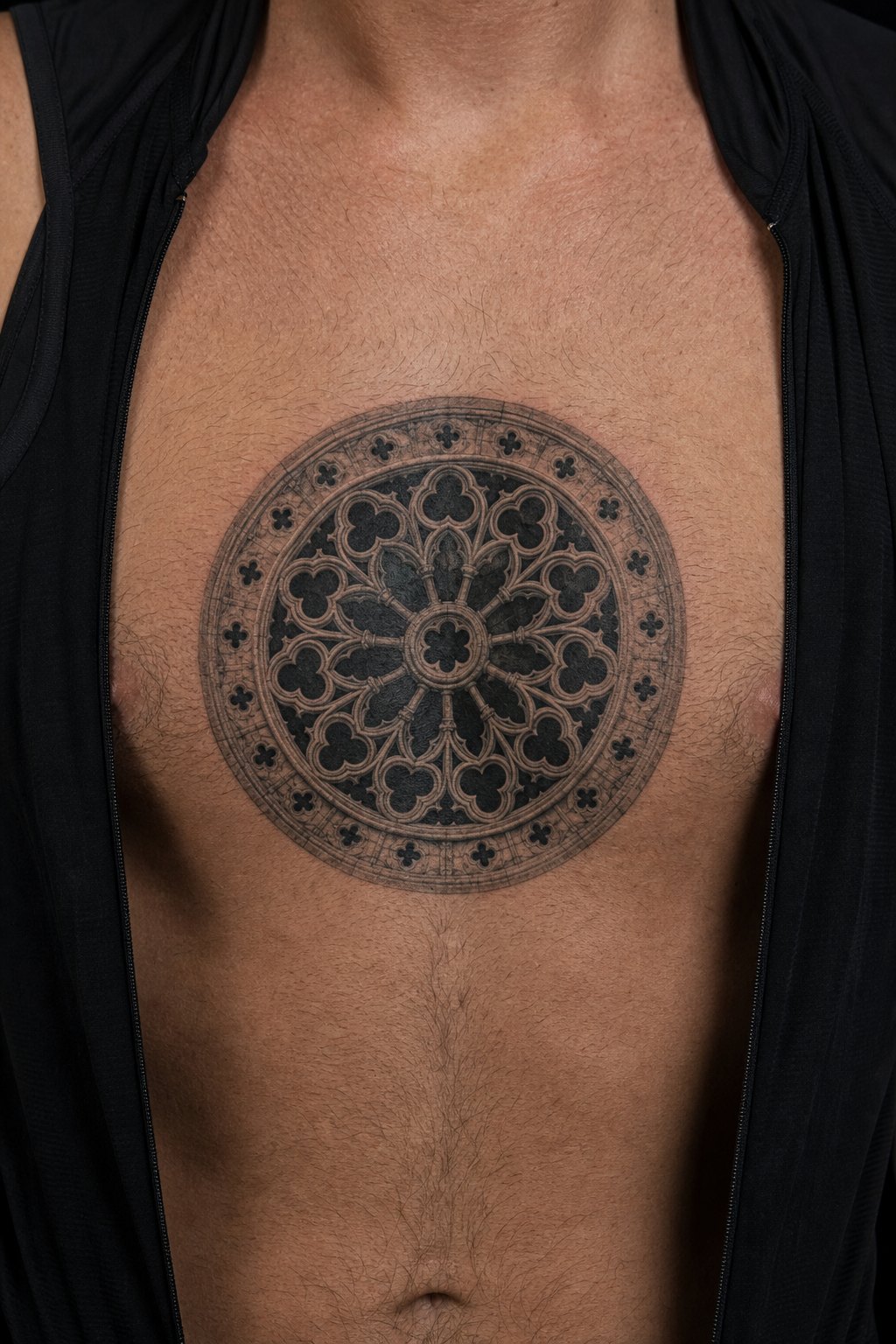 Rose window tracery gothic chest tattoo