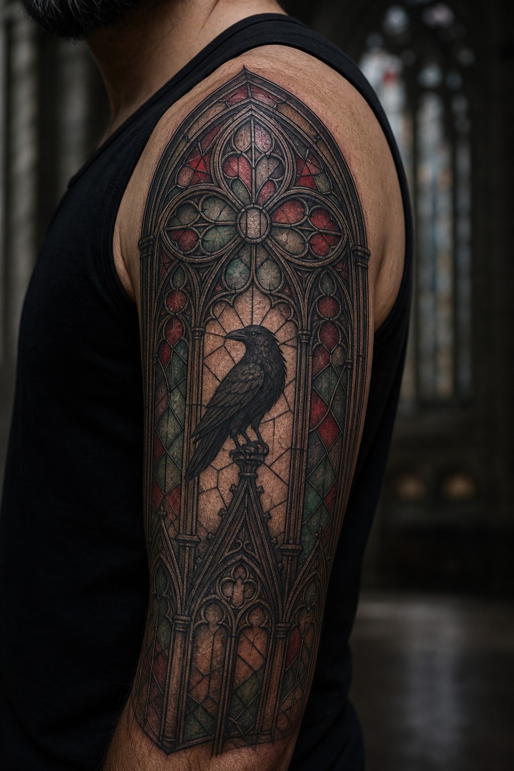 Stained glass window silhouette outer arm tattoo