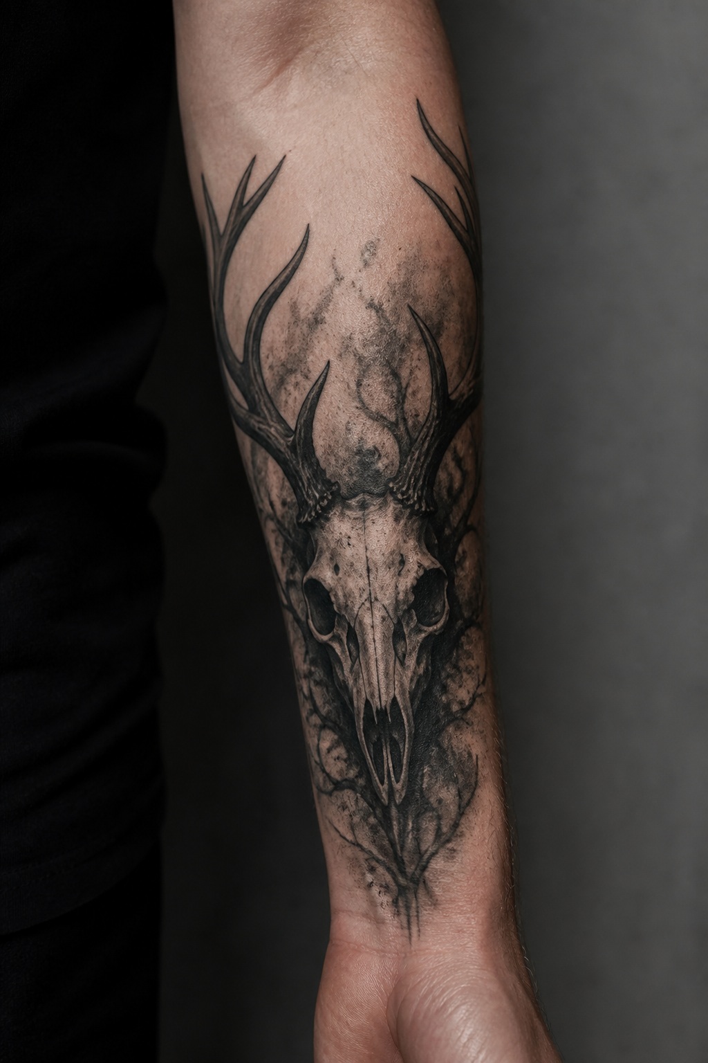 Wendigo antler skull forearm tattoo