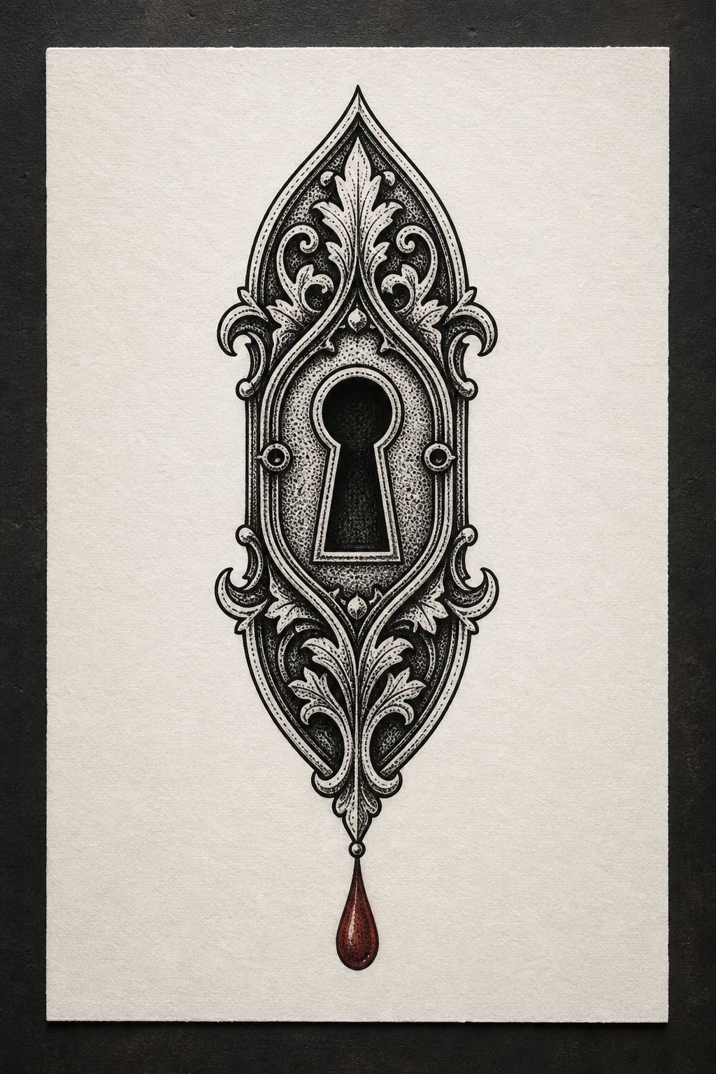 Antique keyhole with blood teardrop goth flash tattoo