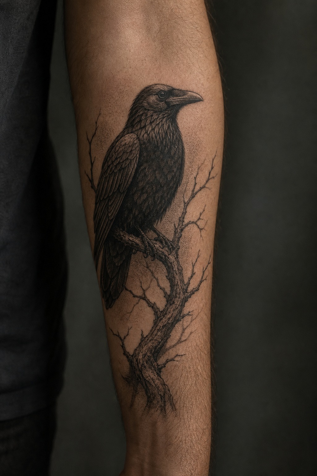 Black raven on withered tree branch forearm tattoo for men