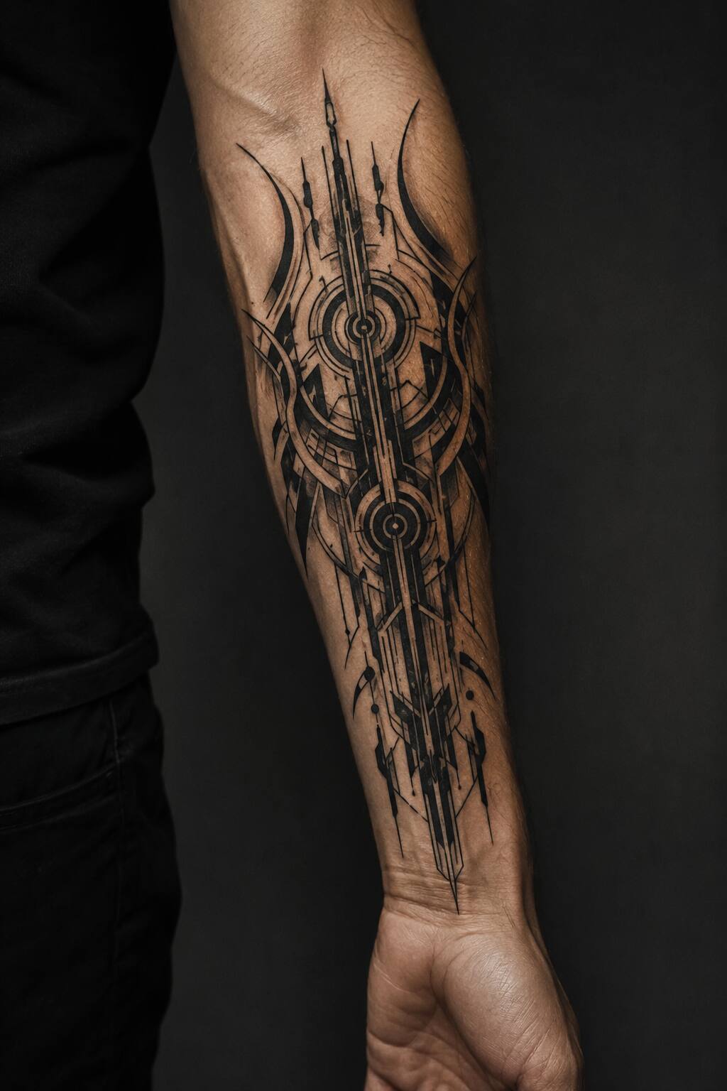 Blackwork cyber sigilism outer forearm tattoo for men