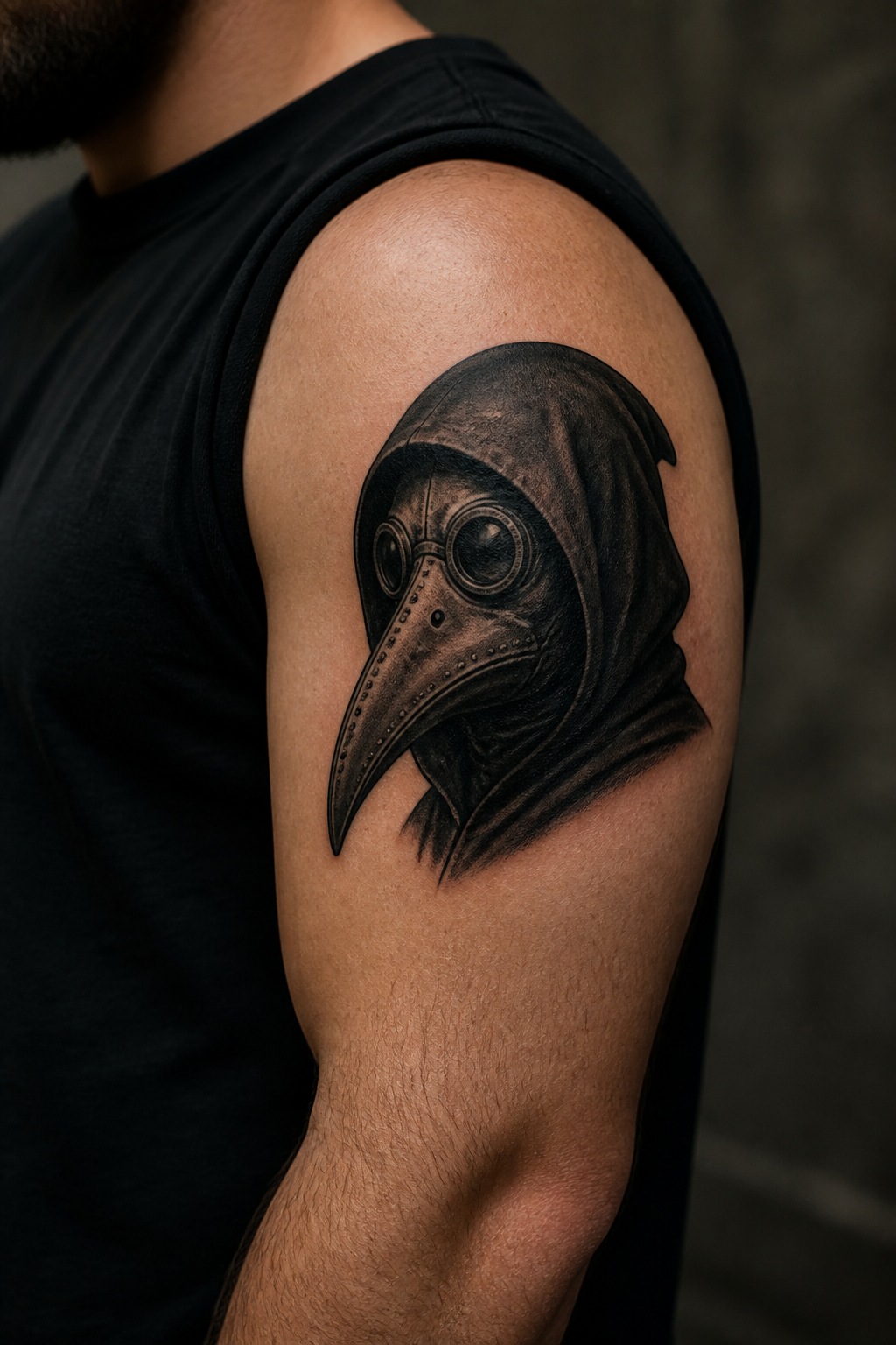 Blackwork plague doctor mask bicep tattoo