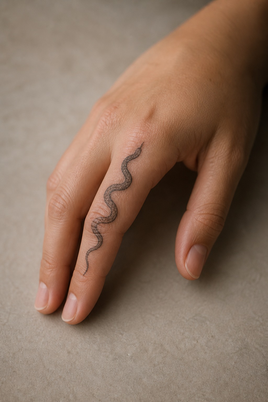 Coiled serpent side finger tattoo