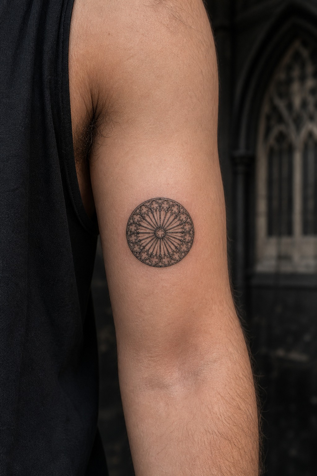 Micro rose window bicep accent tattoo