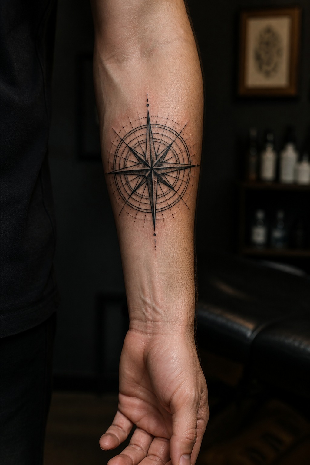 Traditional nautical navigation compass forearm tattoo