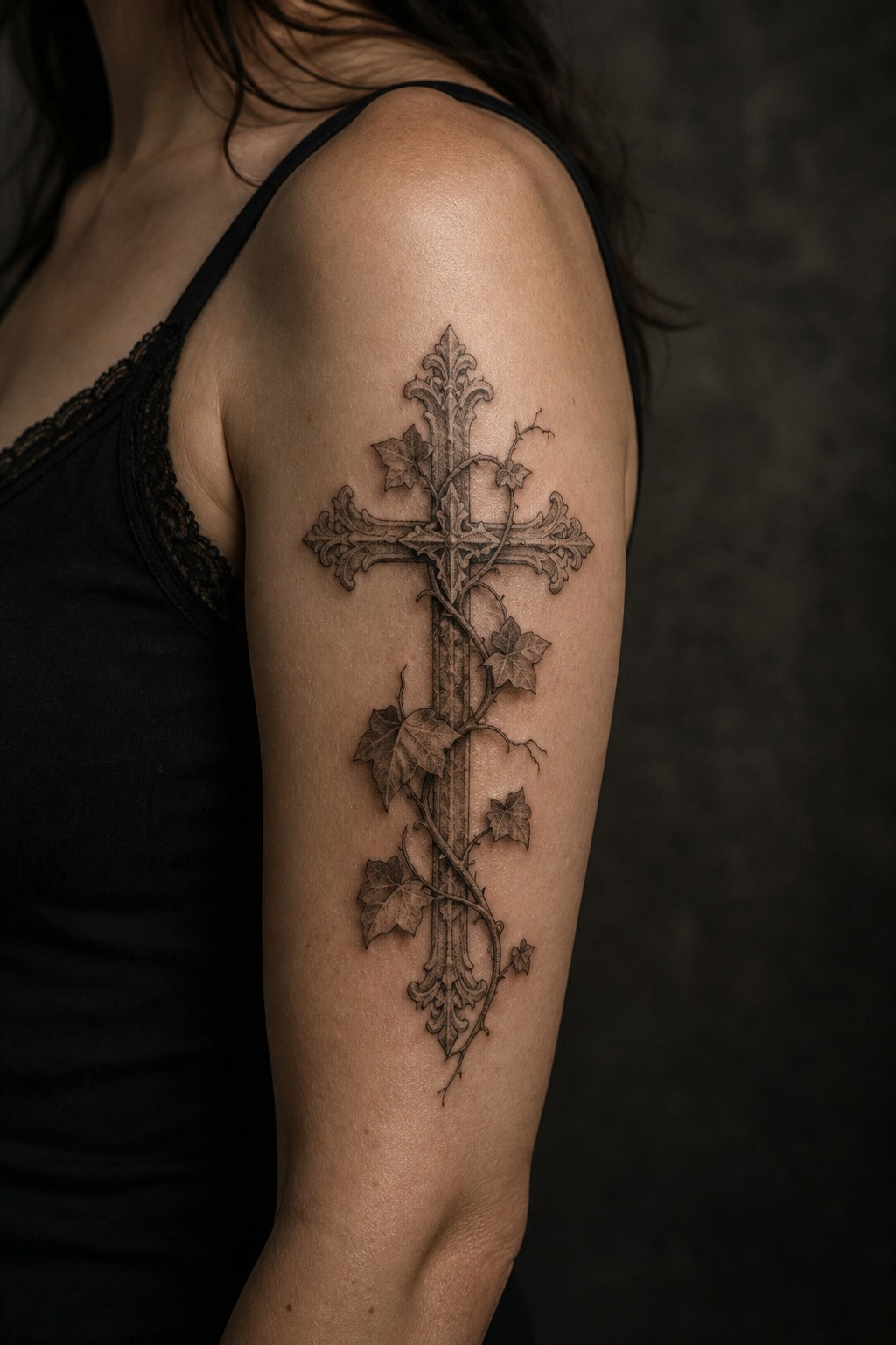 Withered ivy vine gothic cross bicep tattoo