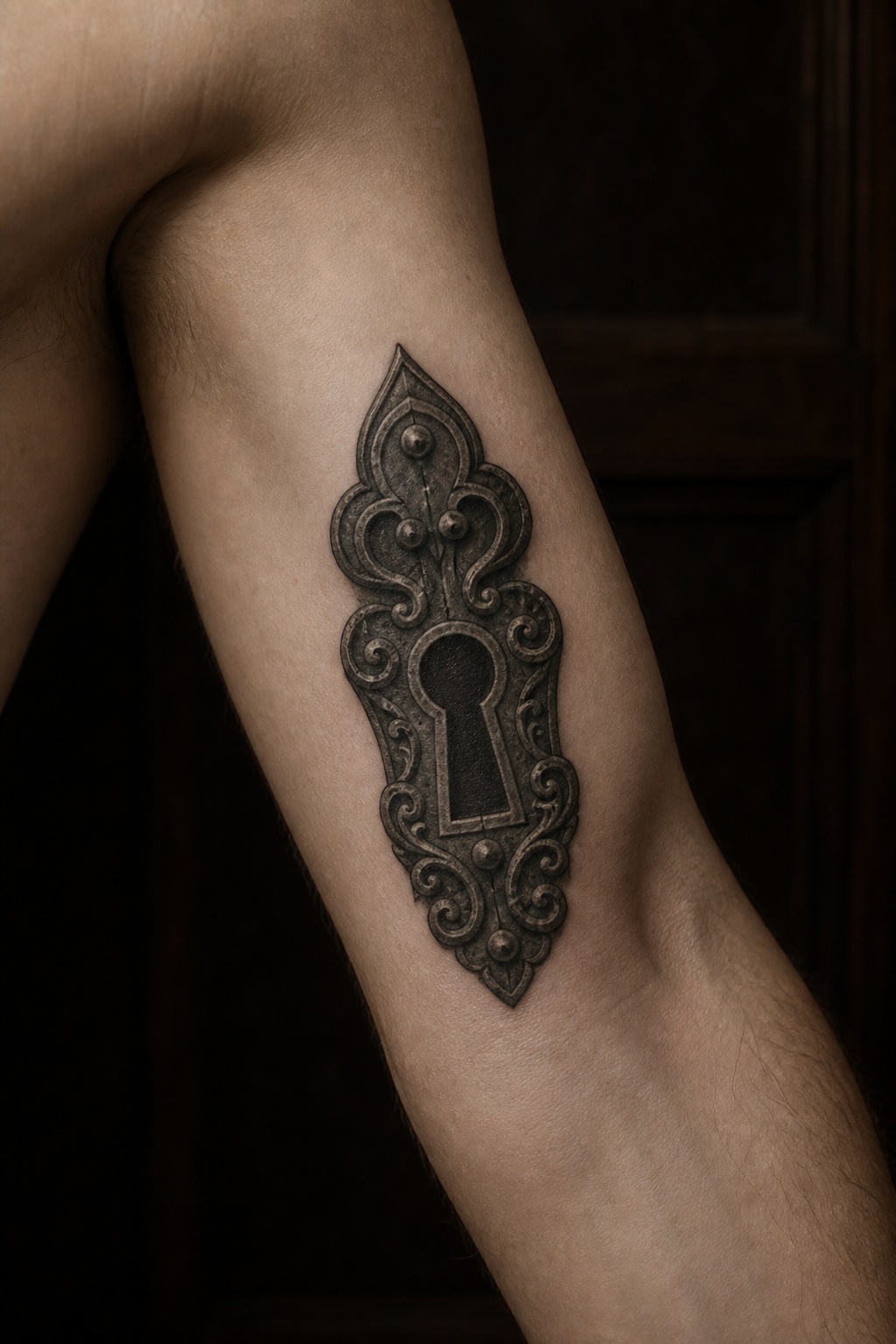 Wrought iron trefoil keyhole bicep tattoo