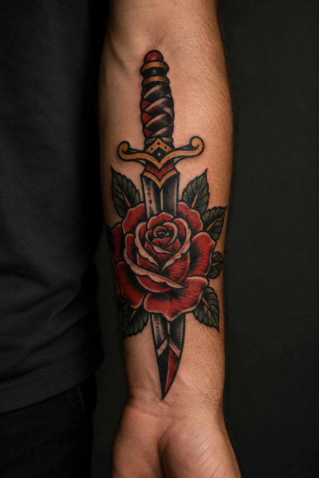American traditional dagger and rose forearm tattoo for men