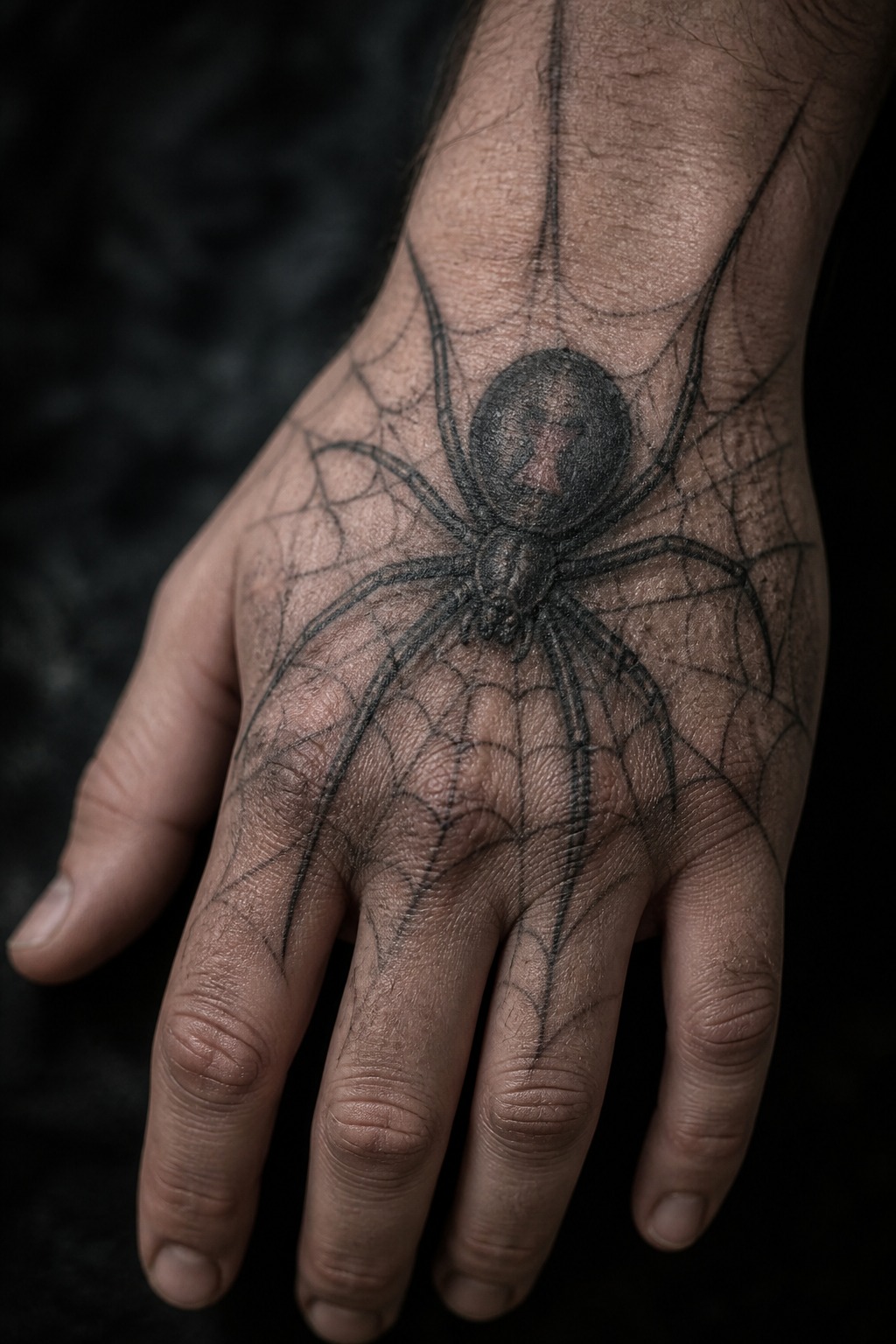 Coiled black widow hand tattoo