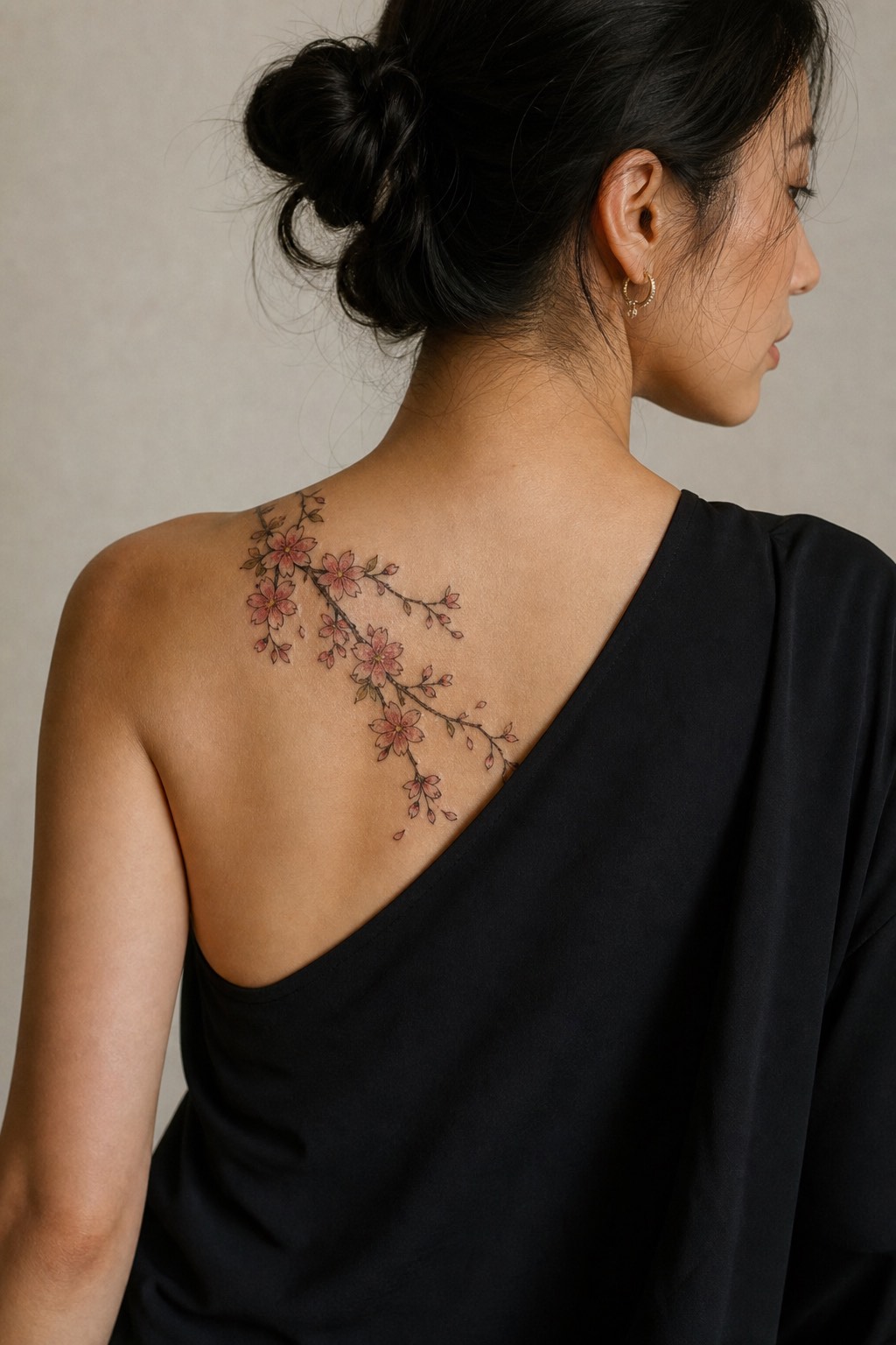 Cascading cherry blossom shoulder blade tattoo for women