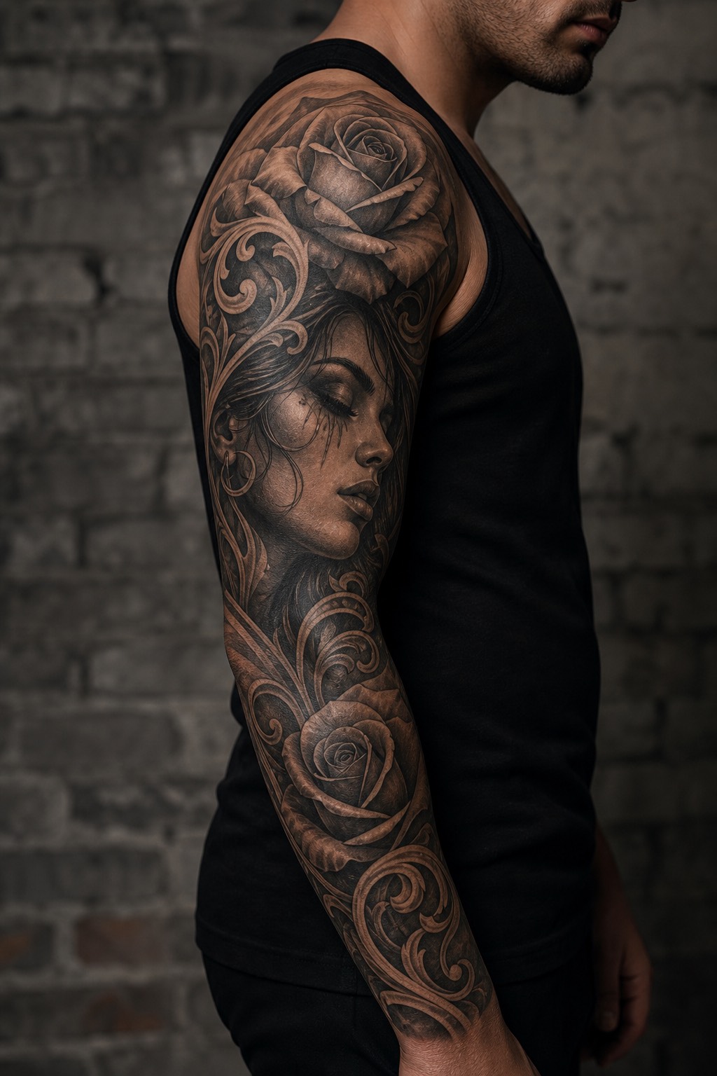 Chicano style outer arm sleeve tattoo for men