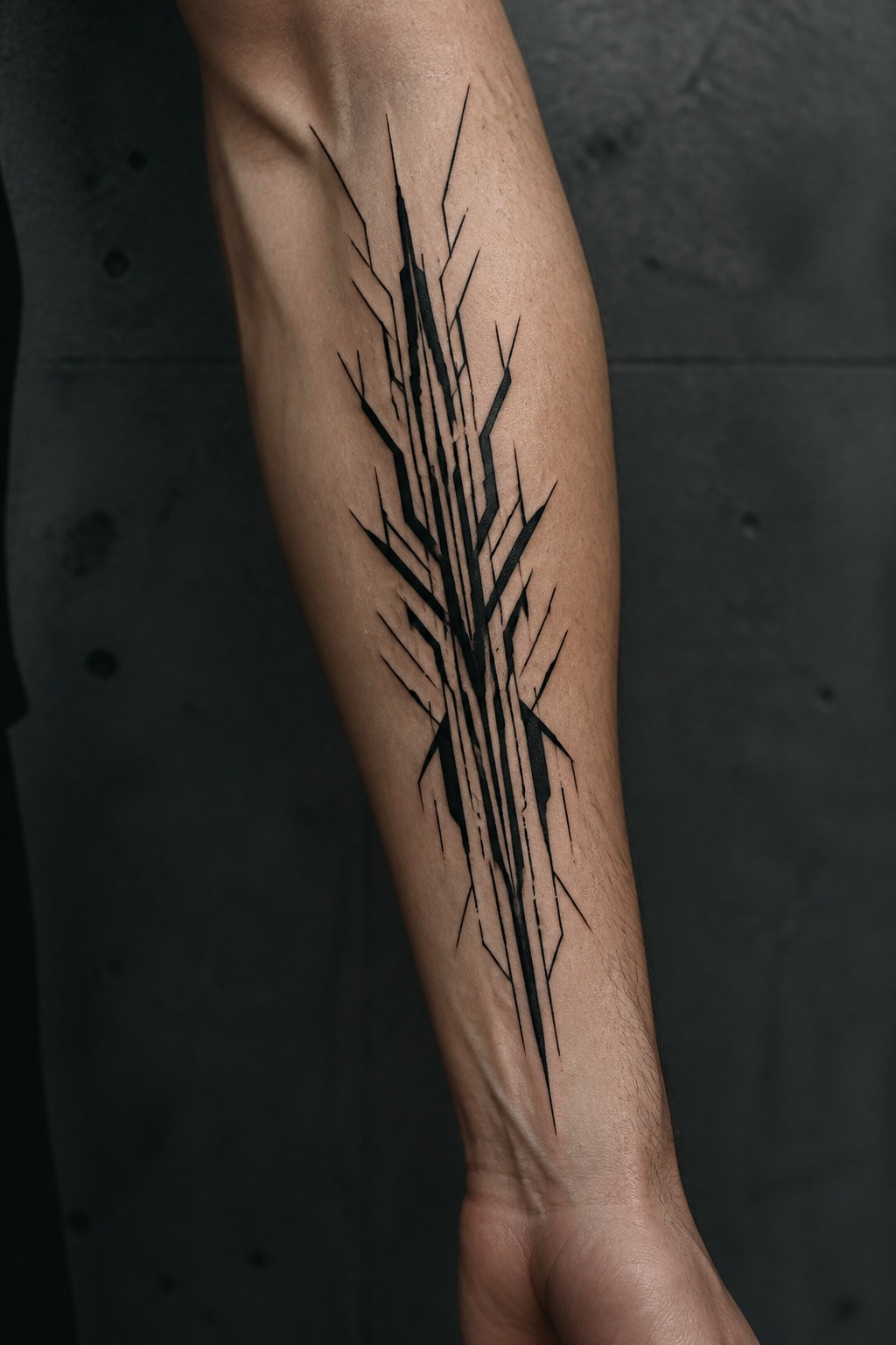 Cyber sigilism abstract line outer forearm tattoo