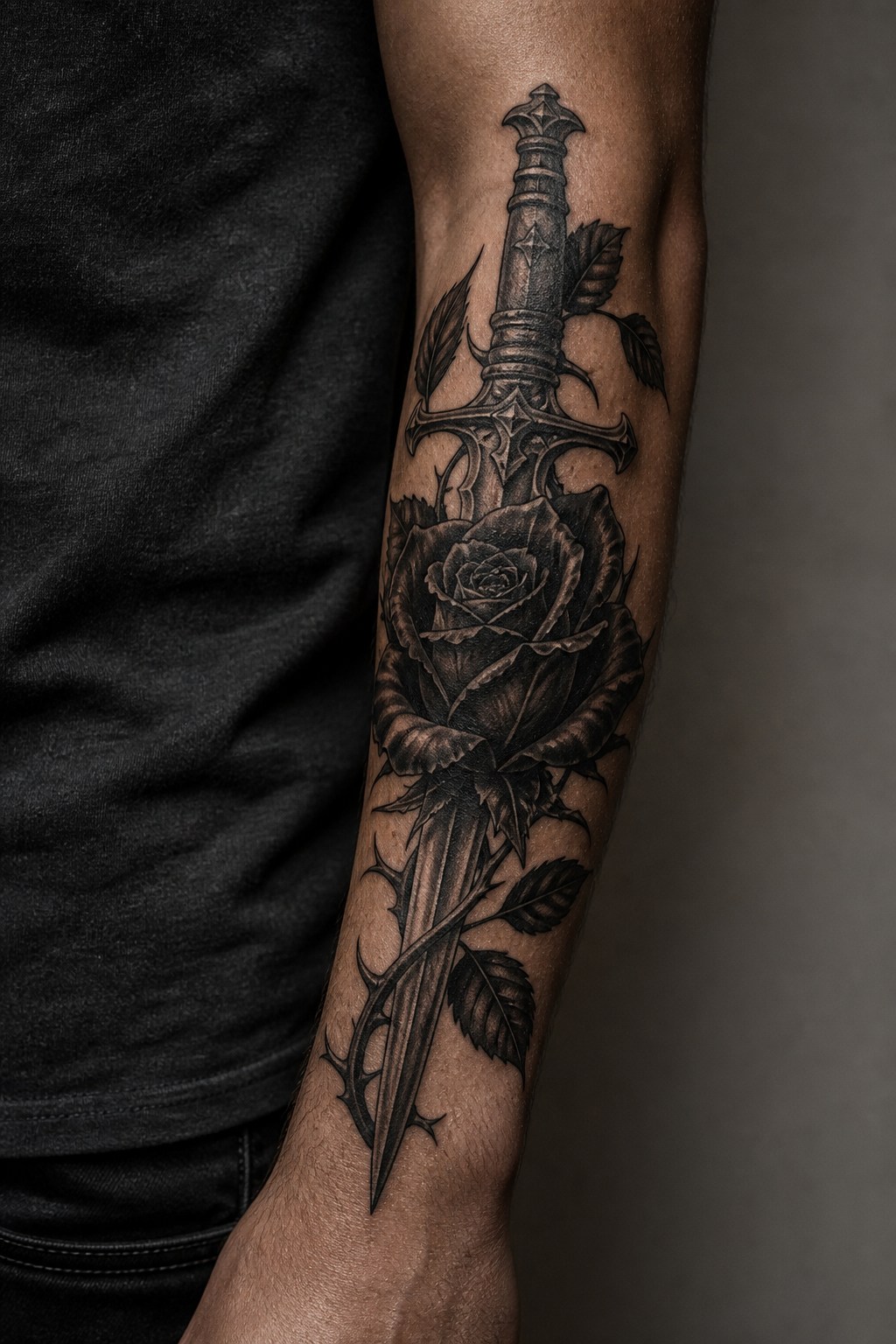Dark gothic rose and dagger forearm tattoo for men