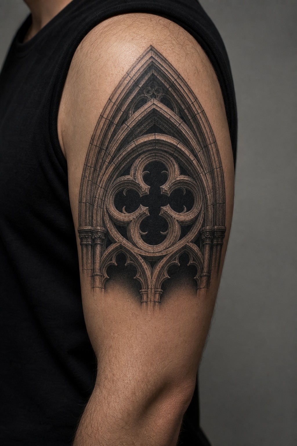 Quadrifoil arch window bicep tattoo