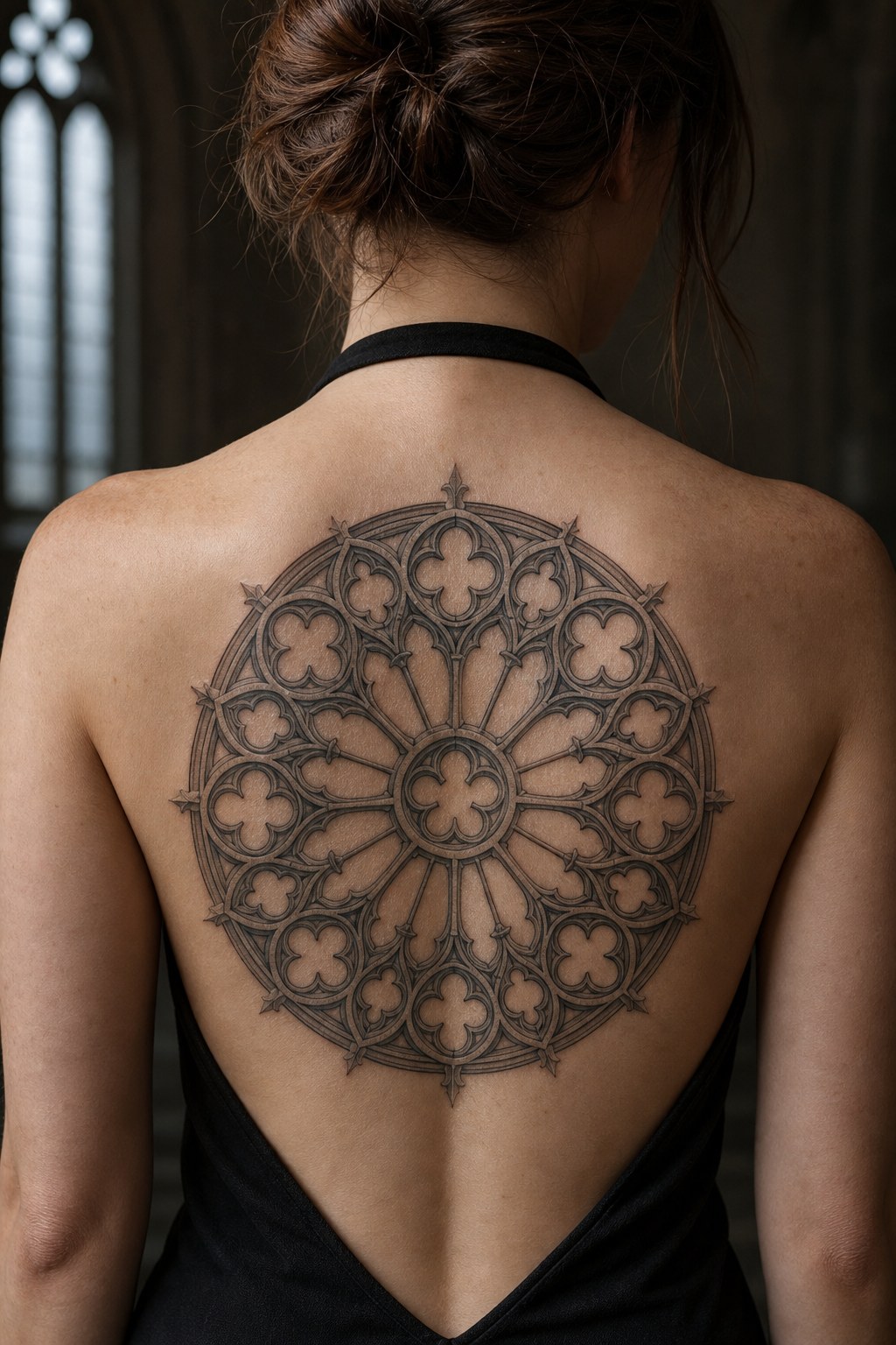 Trefoil tracery rose window back crest tattoo