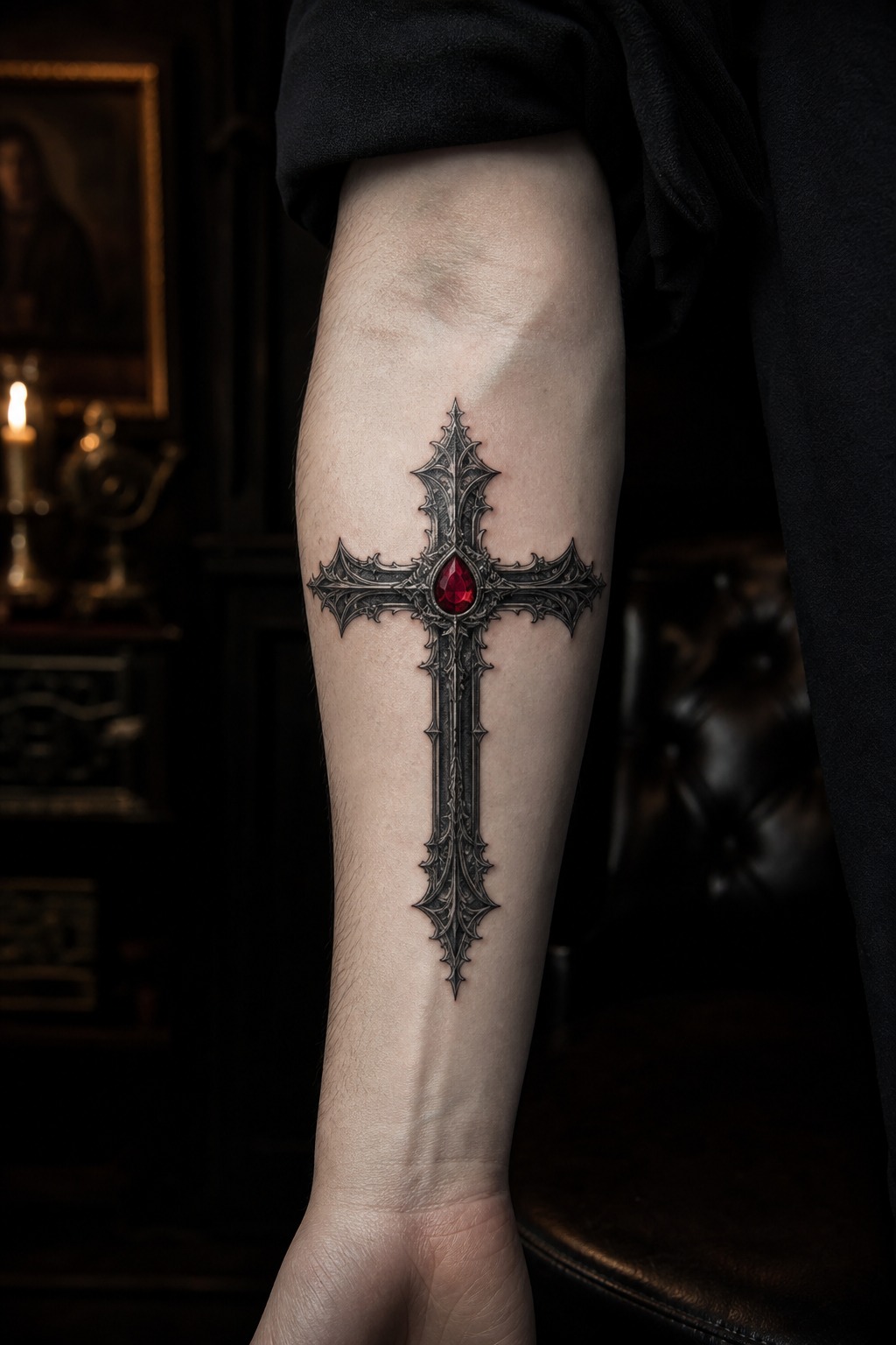 Vampiric crimson jewel center gothic cross tattoo