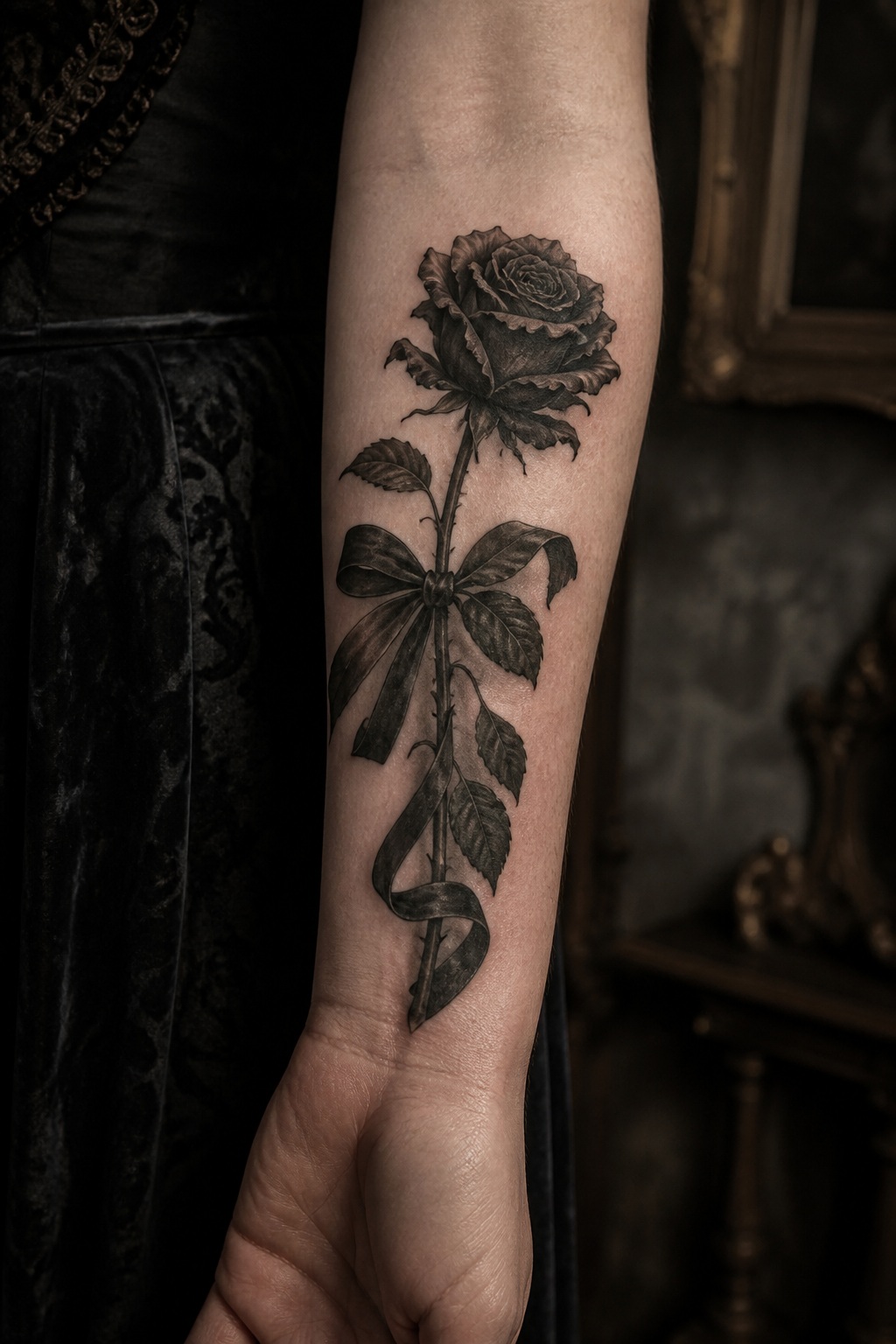 Velvet ribbon and withered black rose tattoo