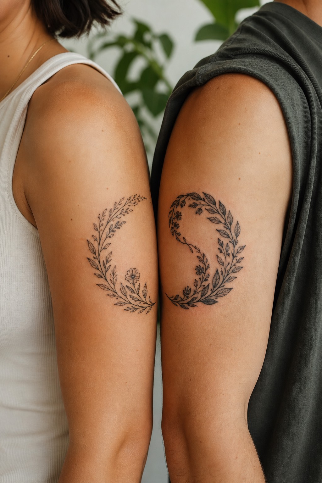 Yin and yang botanical crest couple tattoos