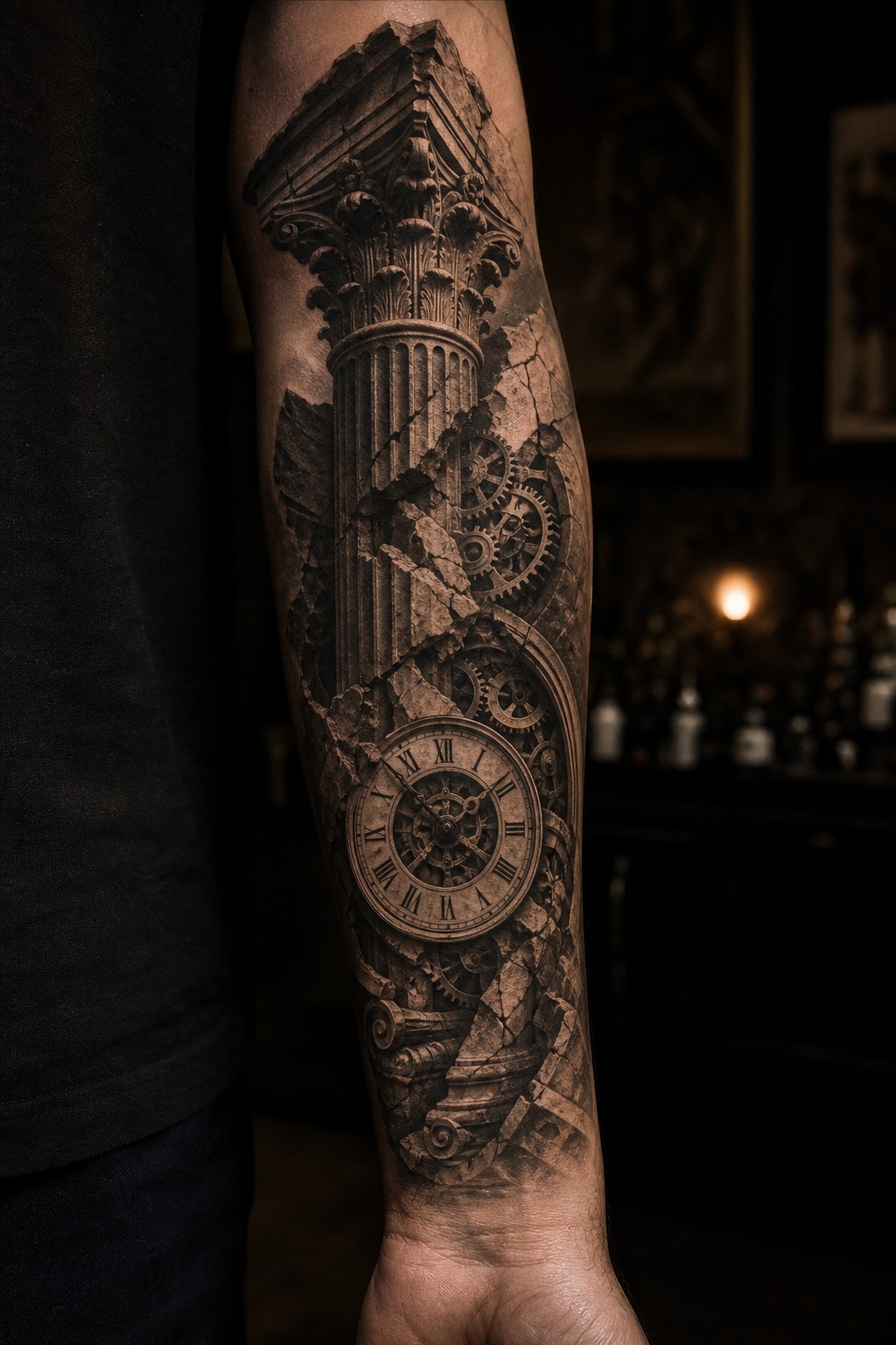 Ancient Roman column and timepiece forearm sleeve tattoo