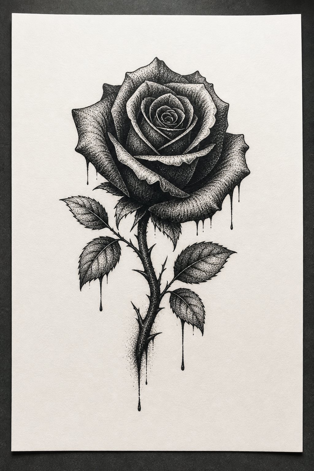 Black rose with drip stipple shading goth flash tattoo