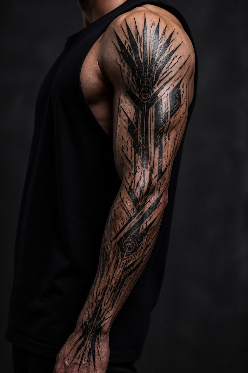 Blackwork cyber sigilism sleeve tattoo for men