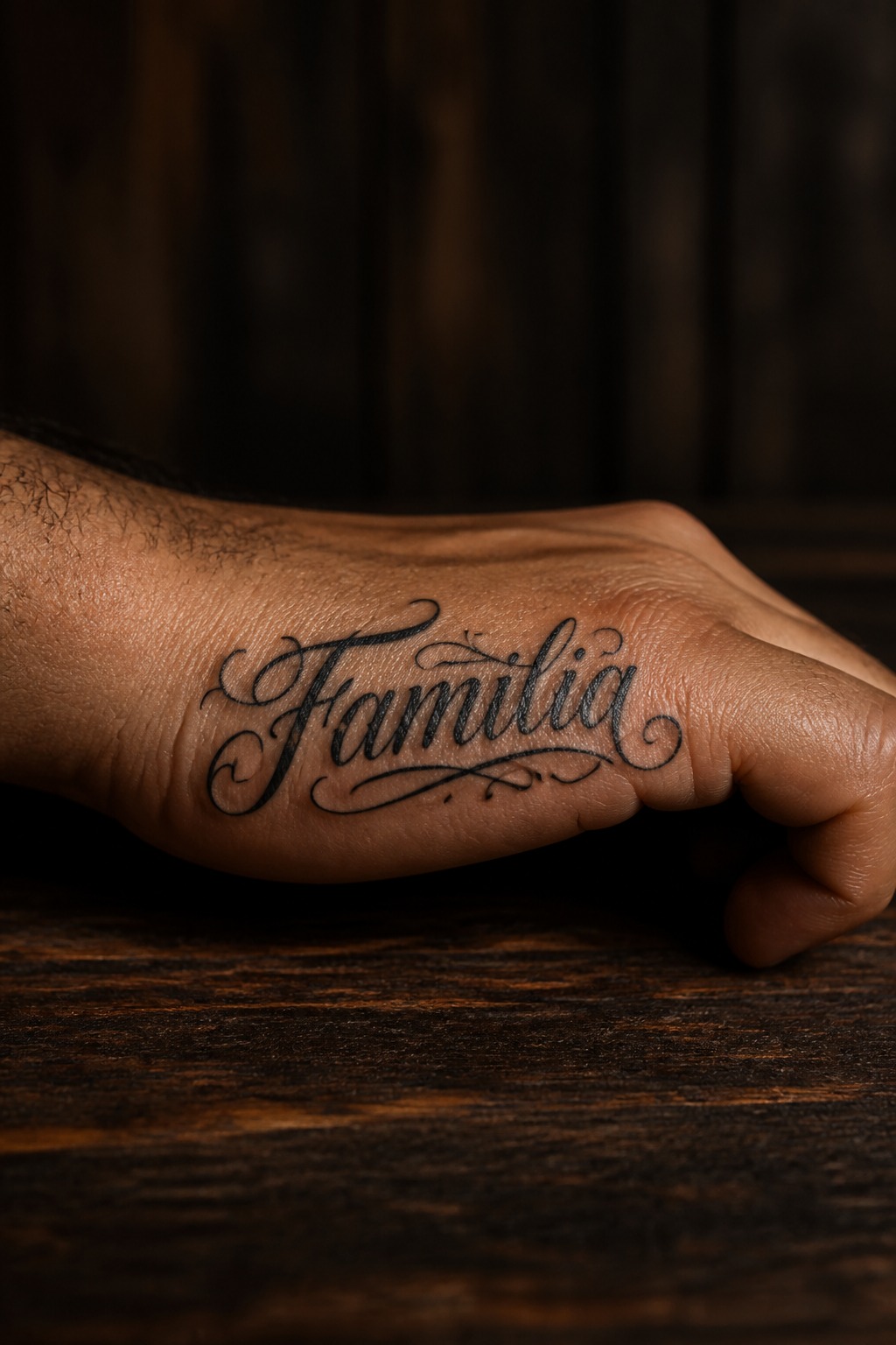 Chicano style calligraphy outer hand blade tattoo