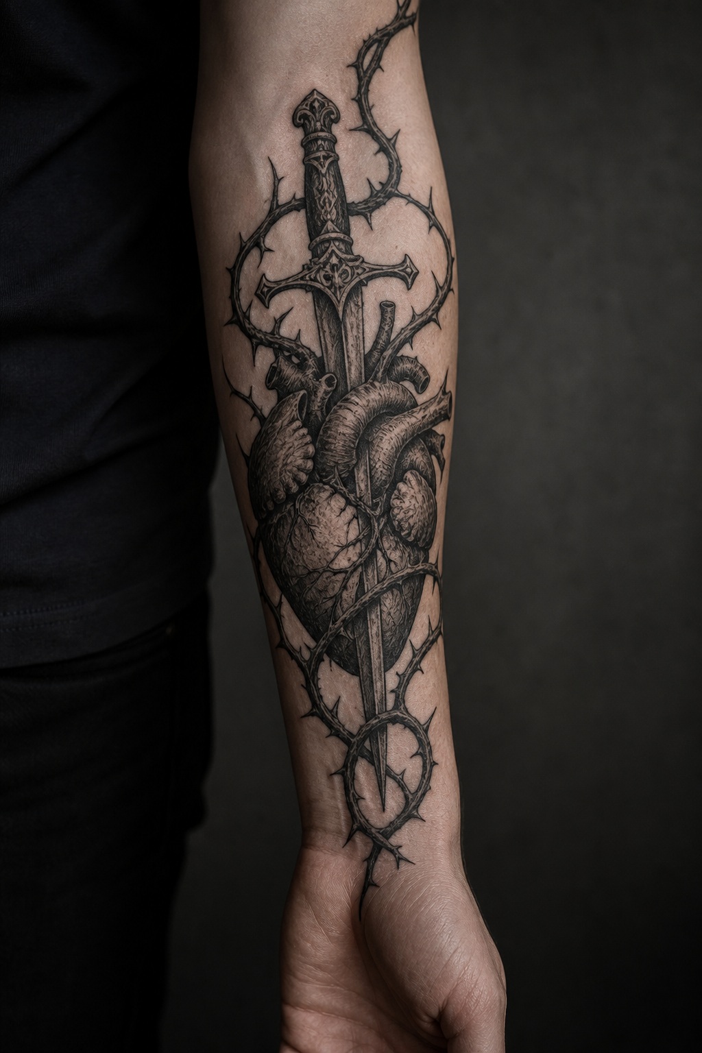 Dagger through withered heart forearm tattoo